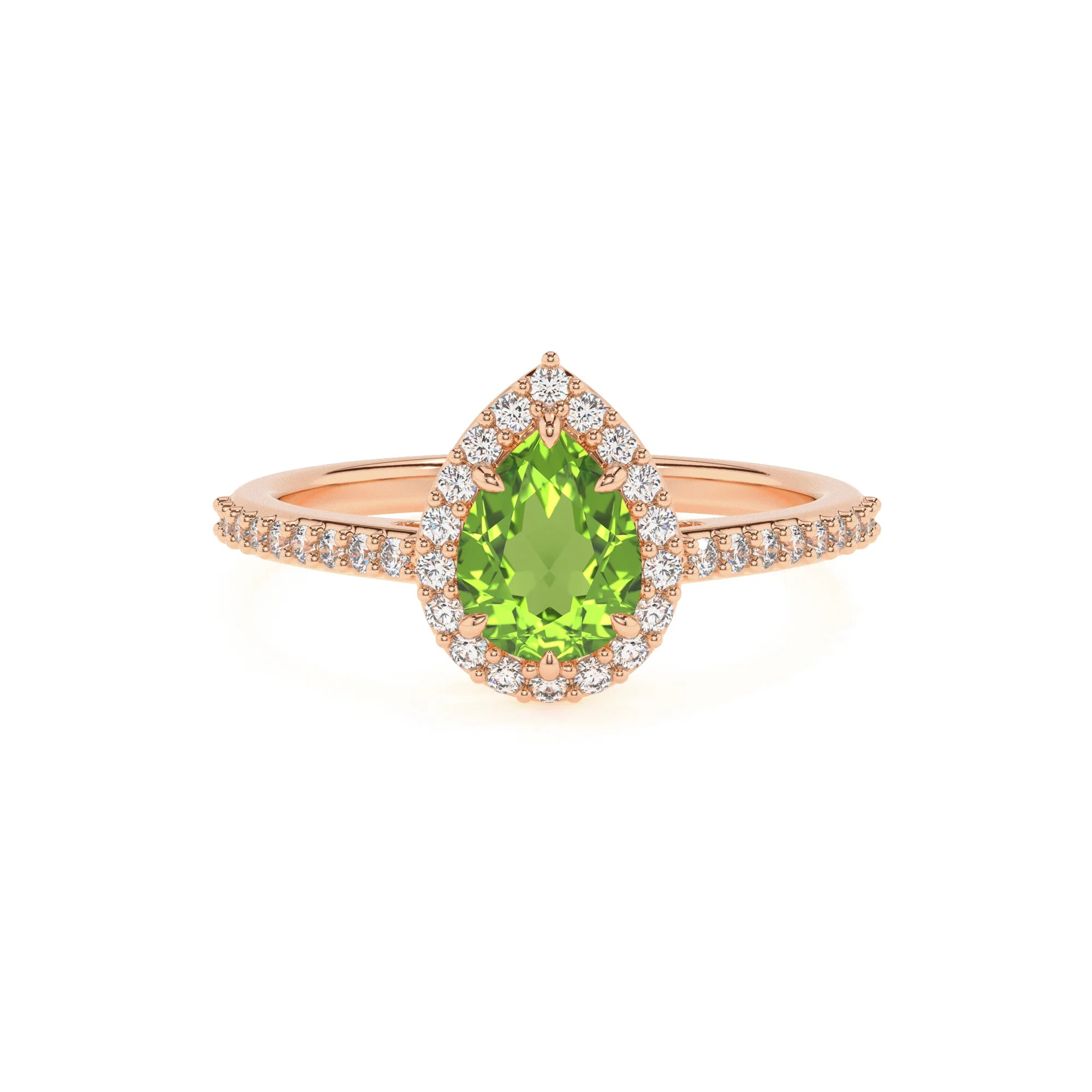 natural peridot pear solitaire rings in rose gold