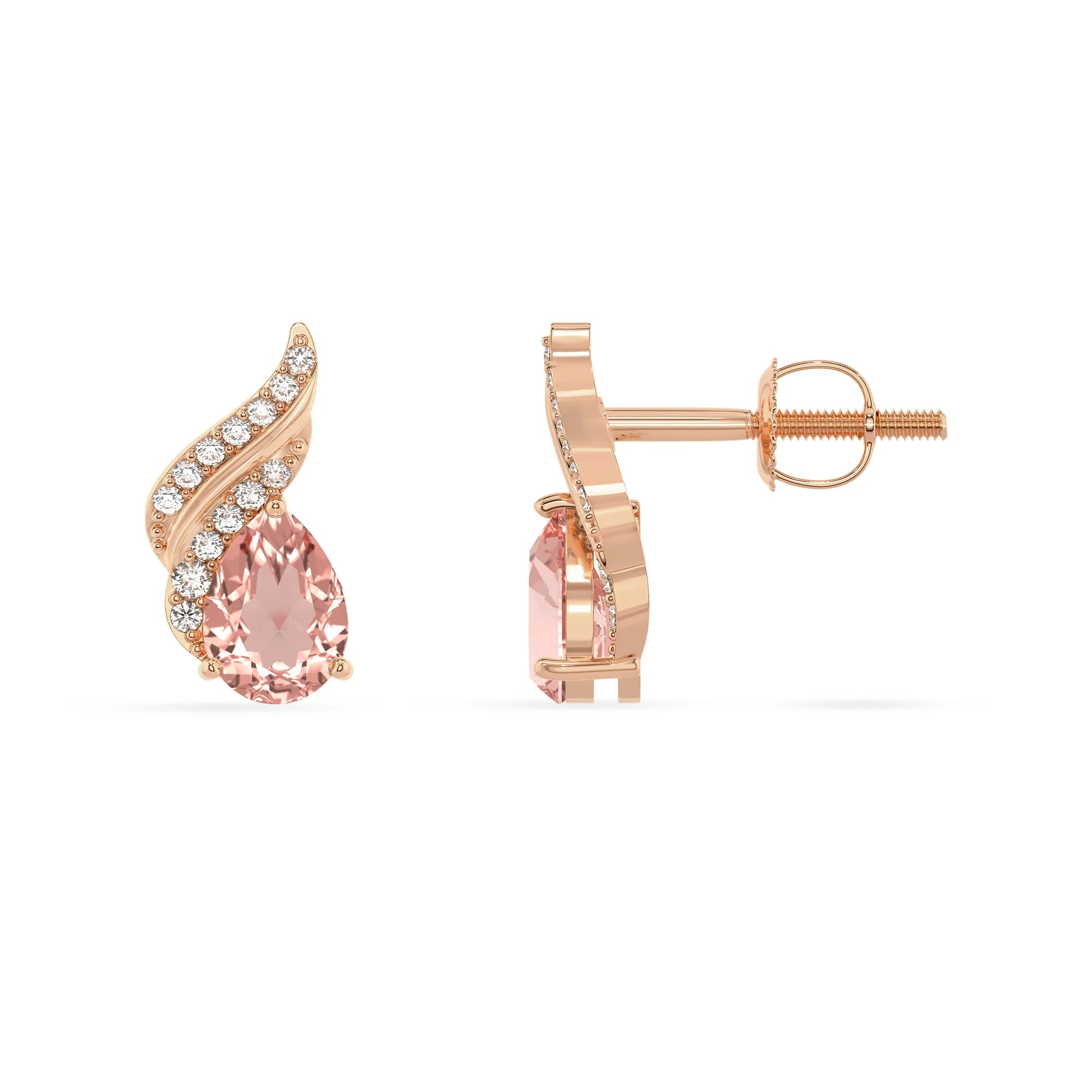 lab grown morganite pear stud earrings in rose gold