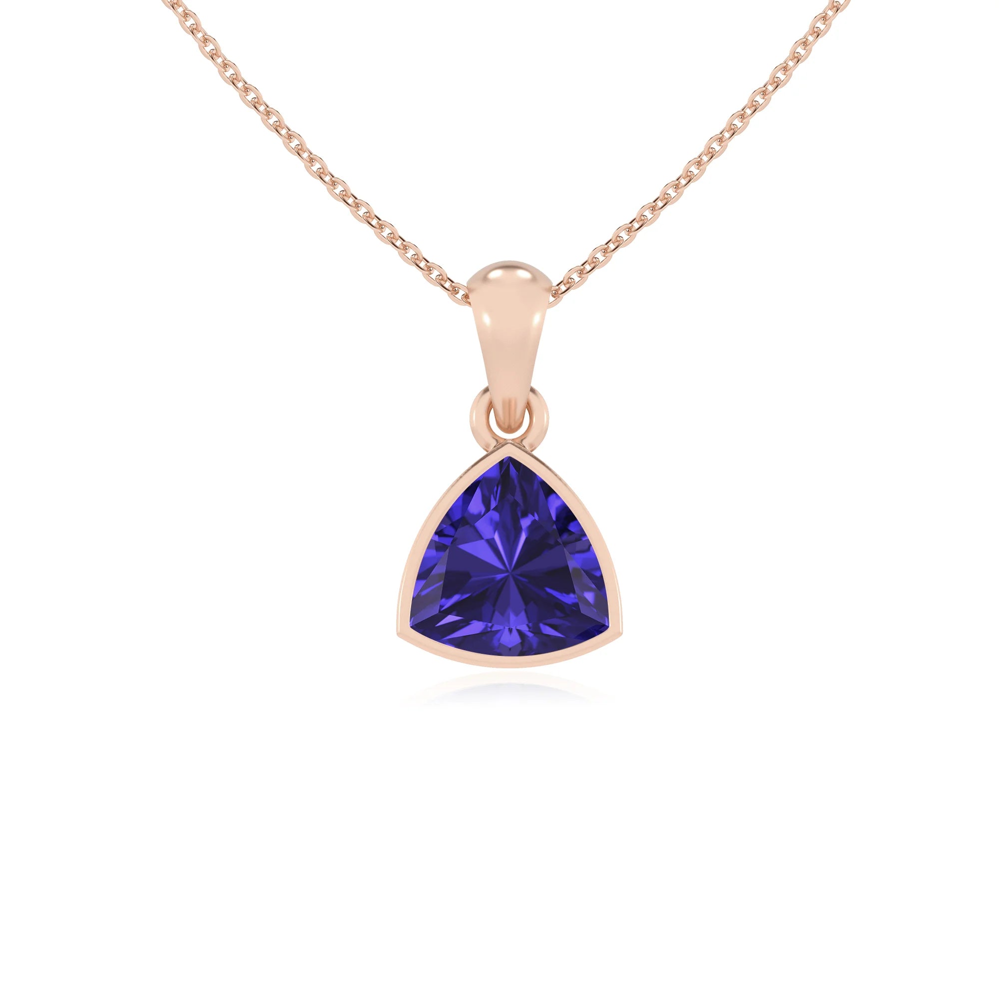 lab grown tanzanite trillion solitaire necklaces in rose gold