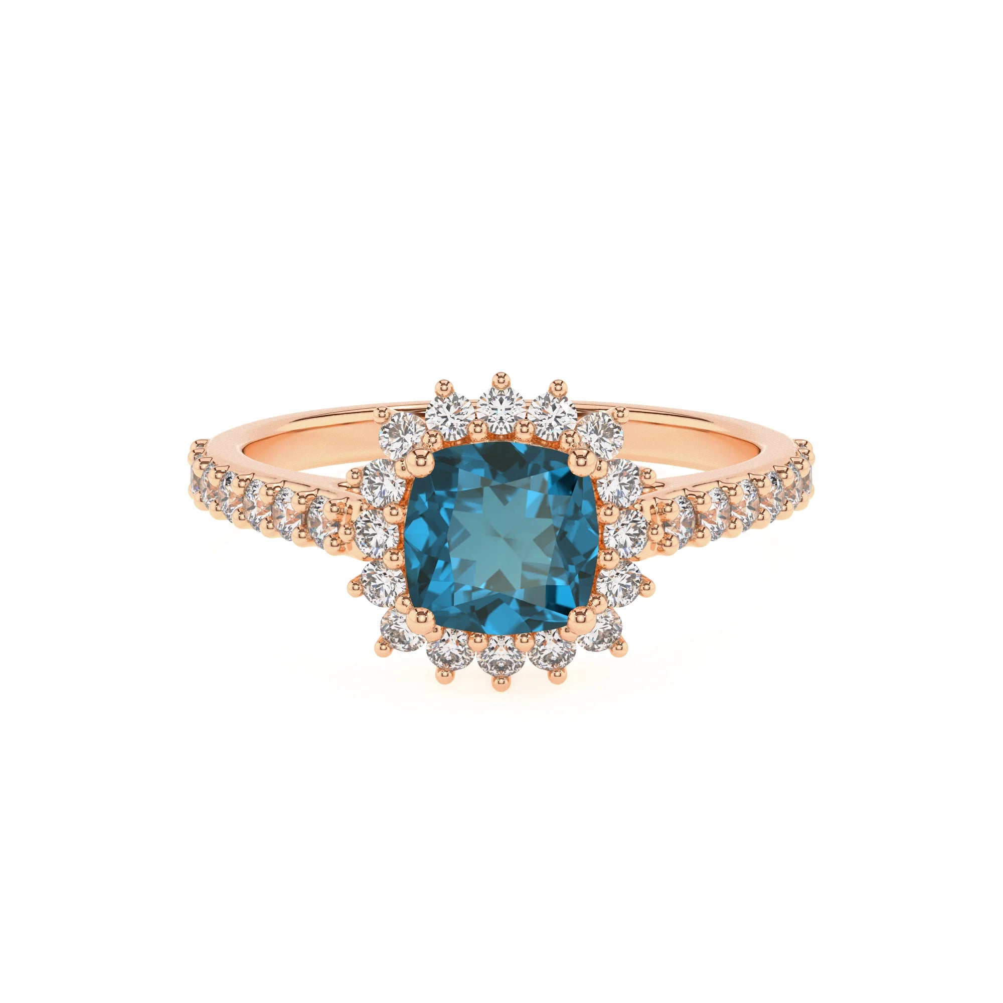 natural london-blue-topaz cushion solitaire rings in rose gold