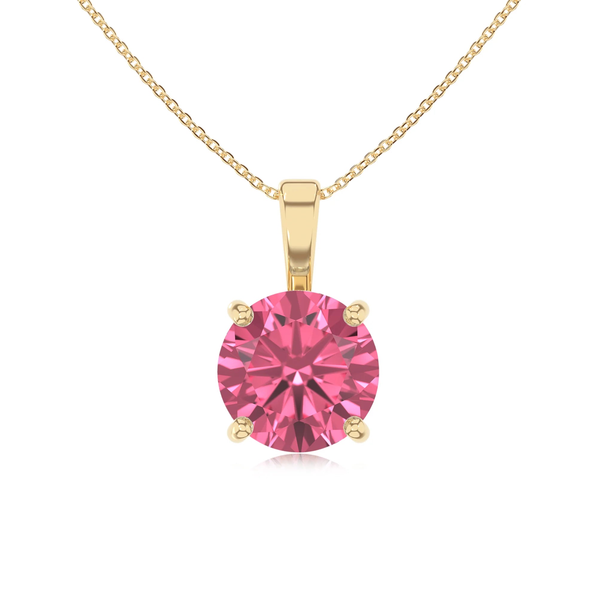 lab grown pink-tourmaline round solitaire necklaces in yellow gold