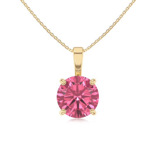 lab grown pink-tourmaline round solitaire necklaces in yellow gold