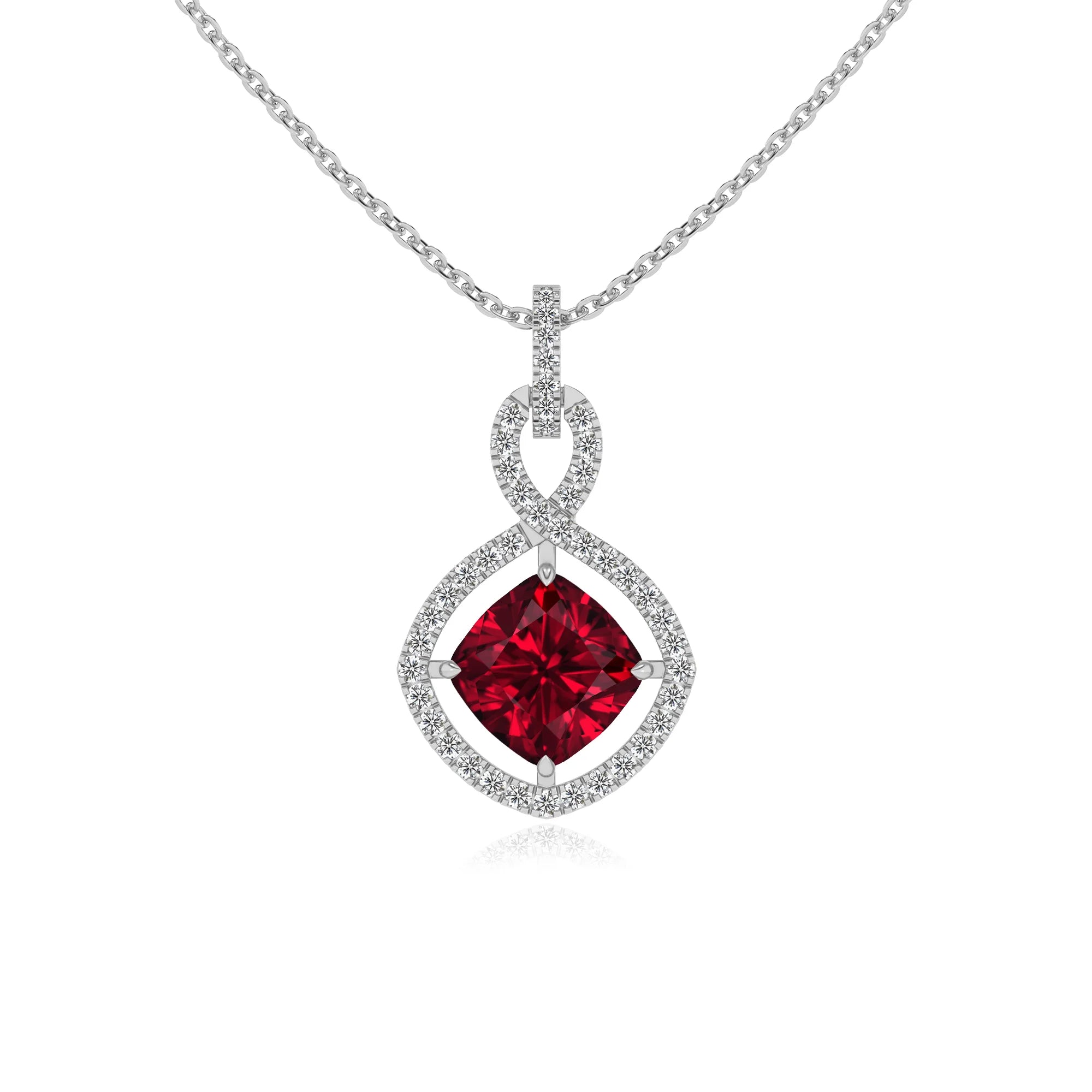 lab grown ruby cushion infinity necklaces in sterling silver