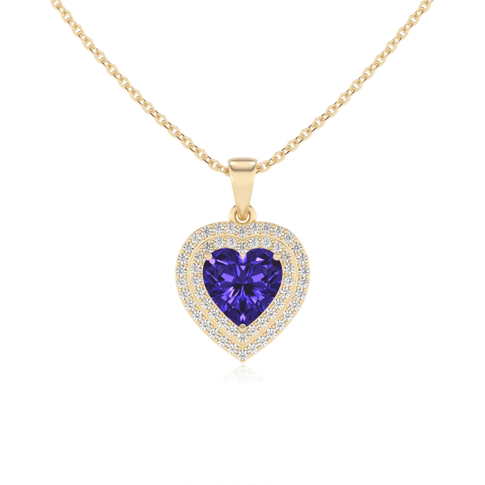 lab grown tanzanite heart halo necklaces in yellow gold