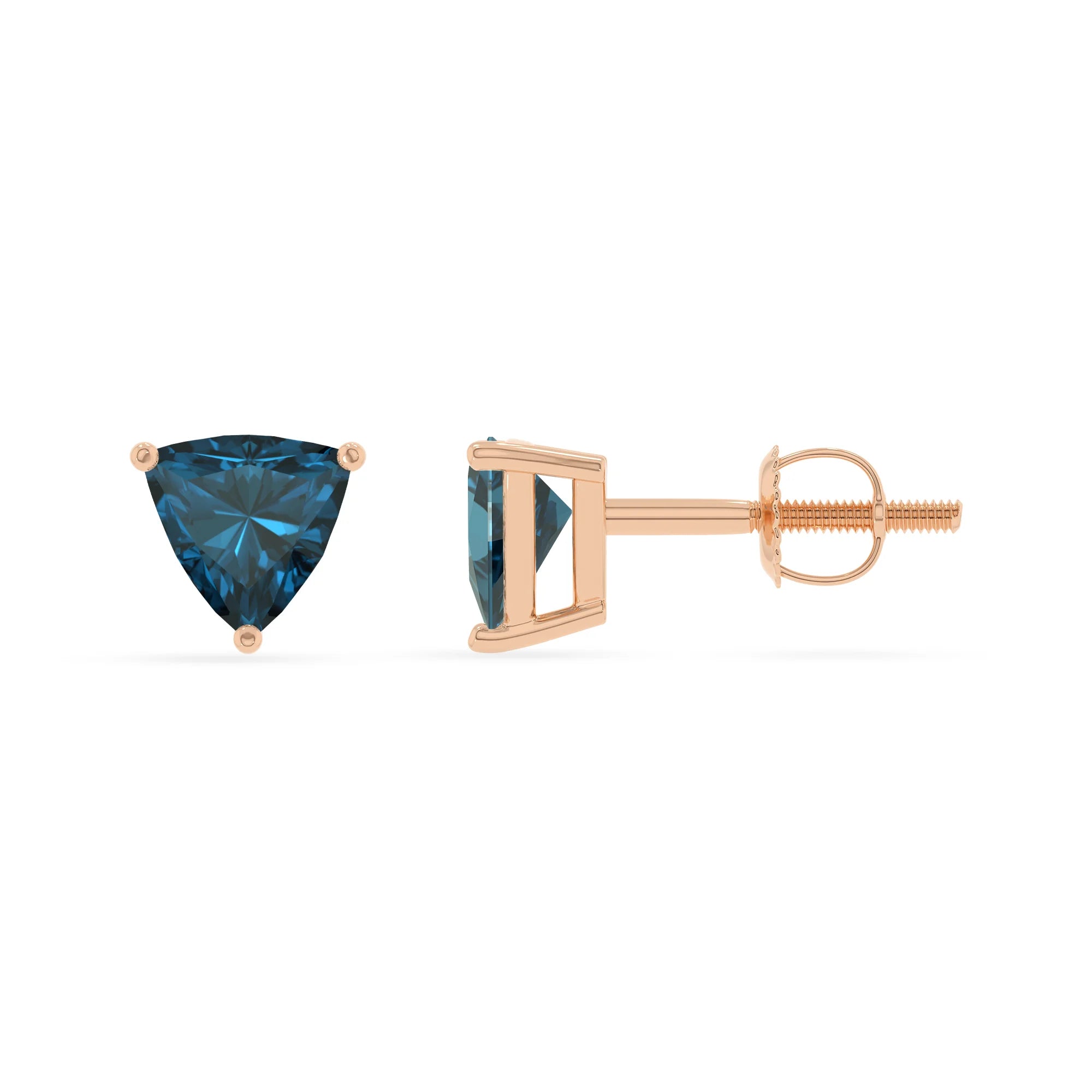 natural london blue topaz trillion stud earrings in rose gold