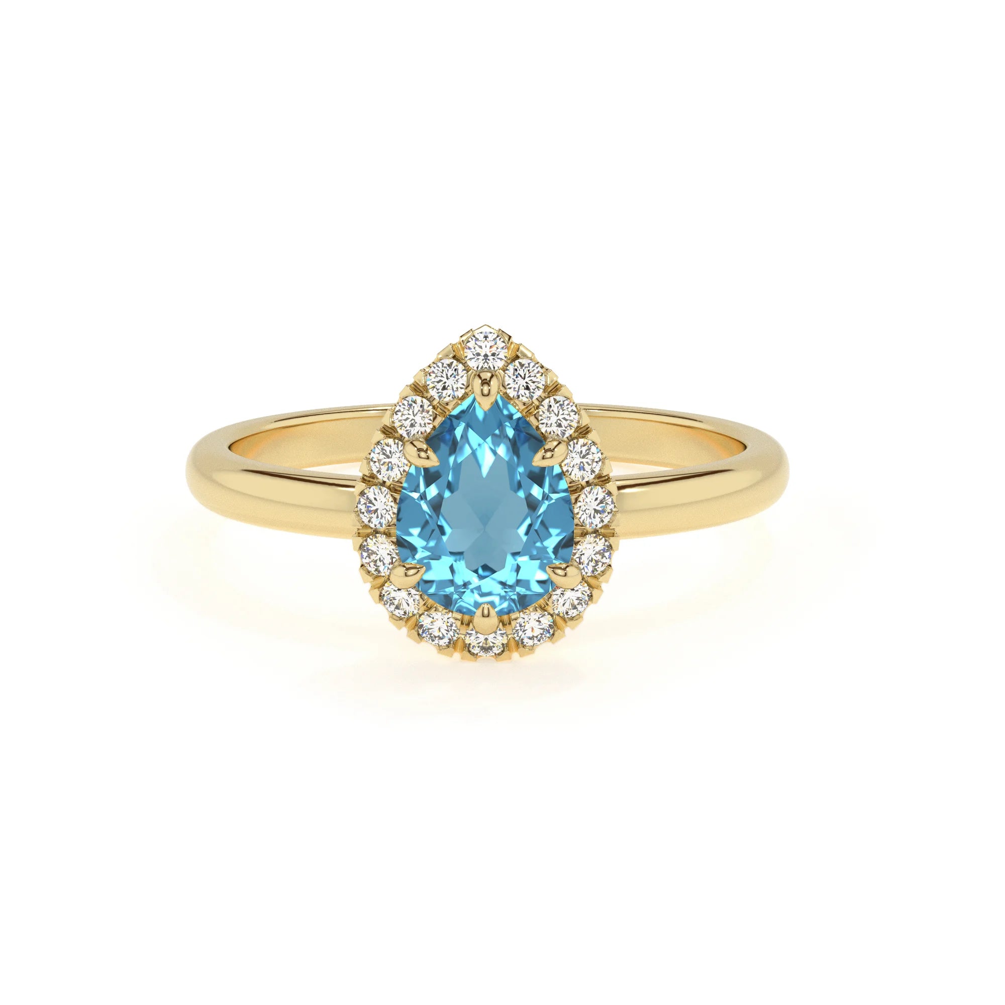 natural swiss-blue-topaz pear solitaire rings in yellow gold