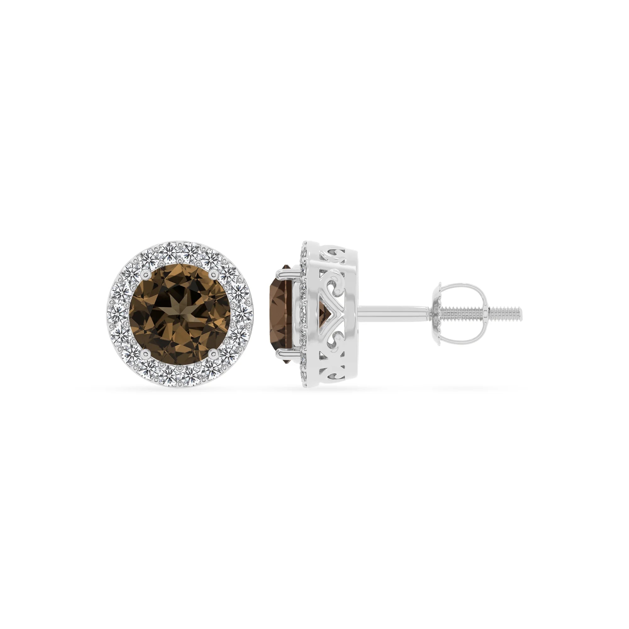 natural smoky quartz round stud earrings in white gold