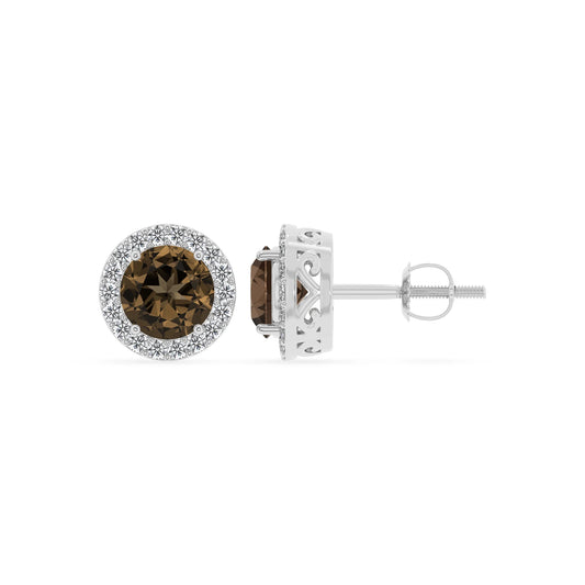 natural smoky quartz round stud earrings in white gold