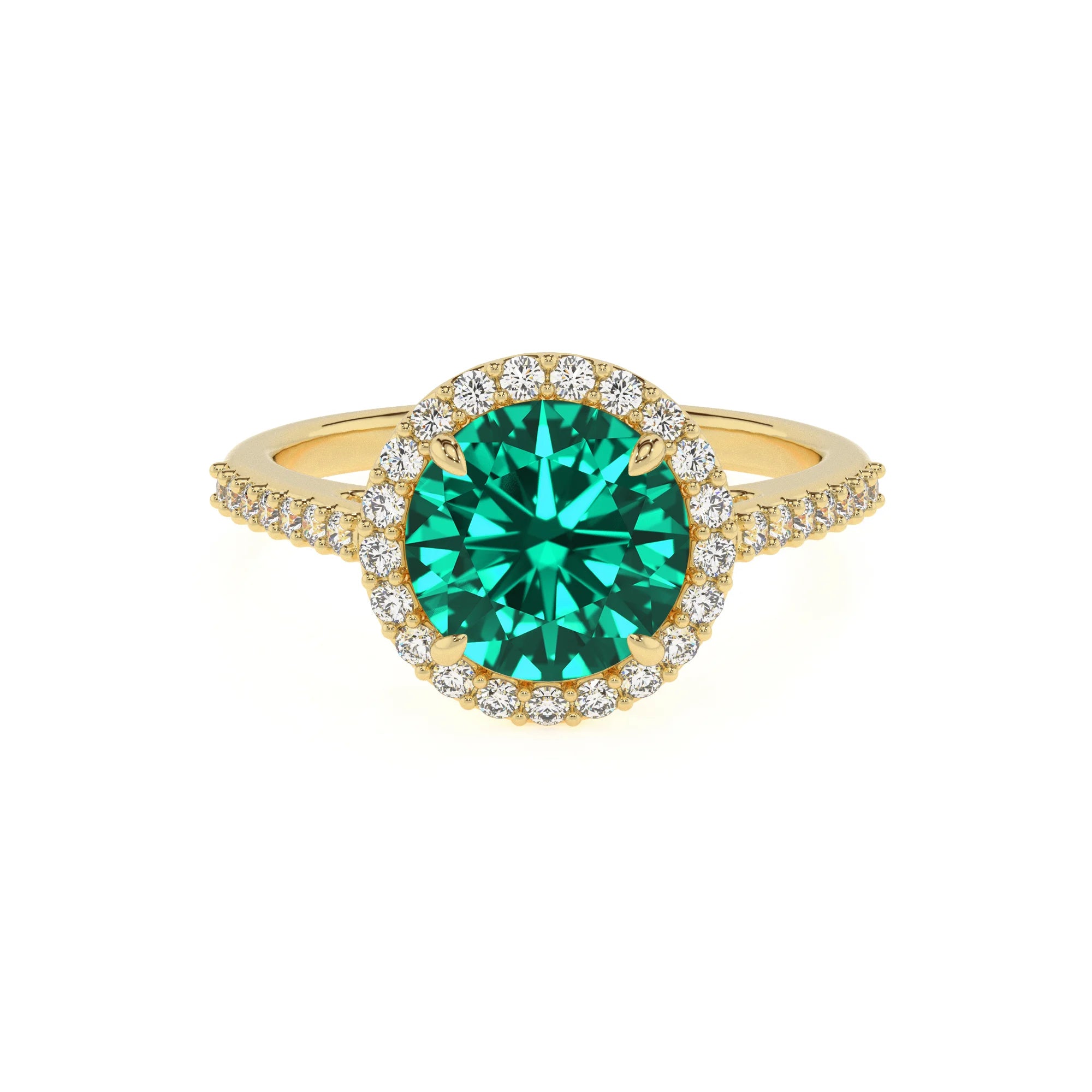 lab grown emerald round solitaire rings in yellow gold