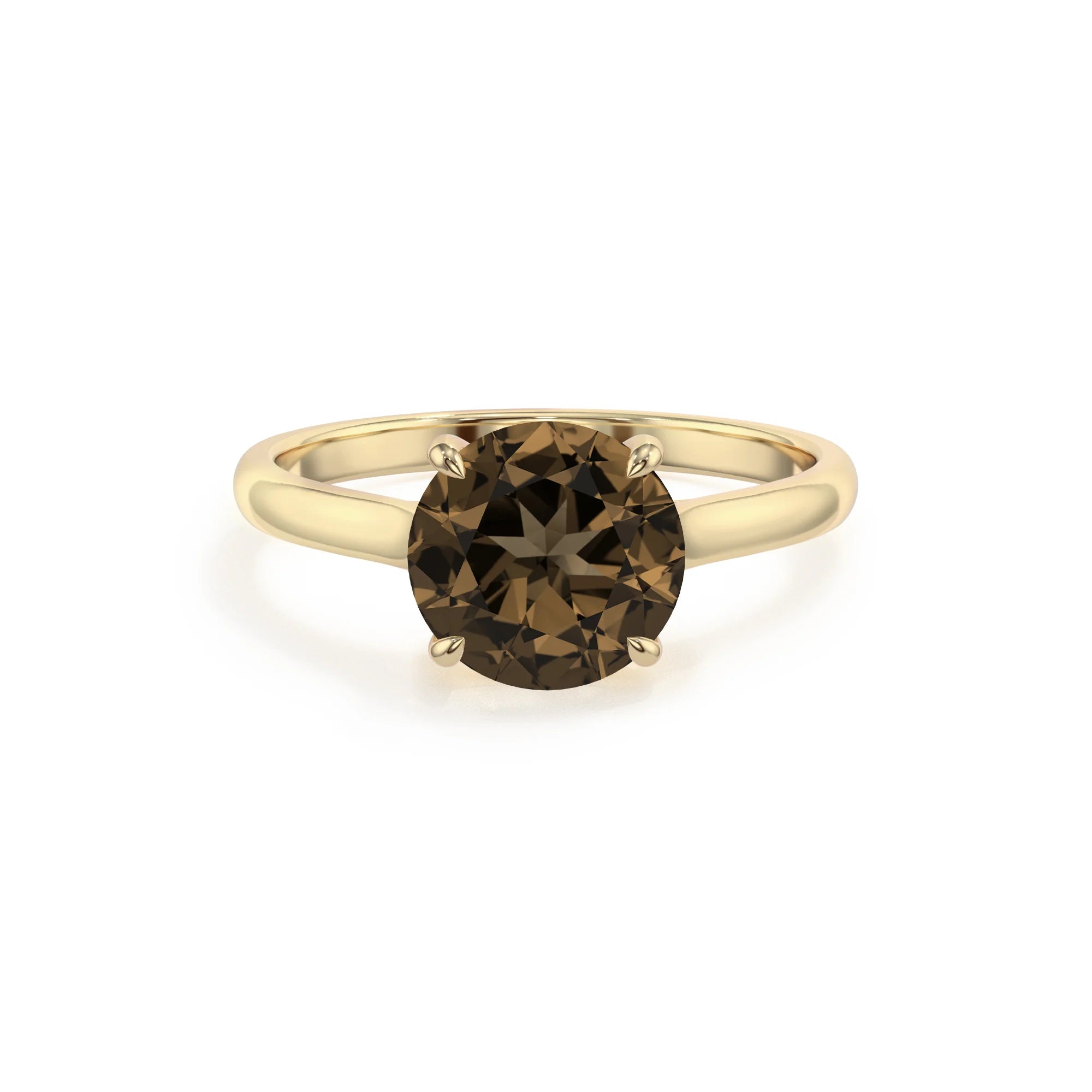 natural smoky-quartz round solitaire rings in yellow gold