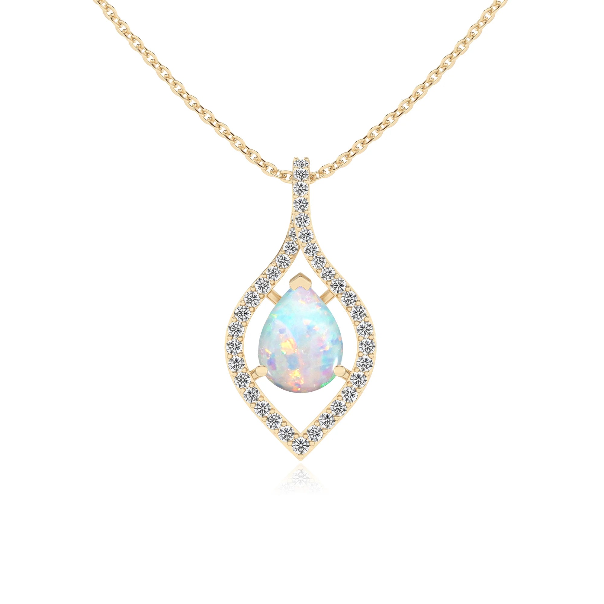 lab grown opal pear infinity necklaces in yellow gold