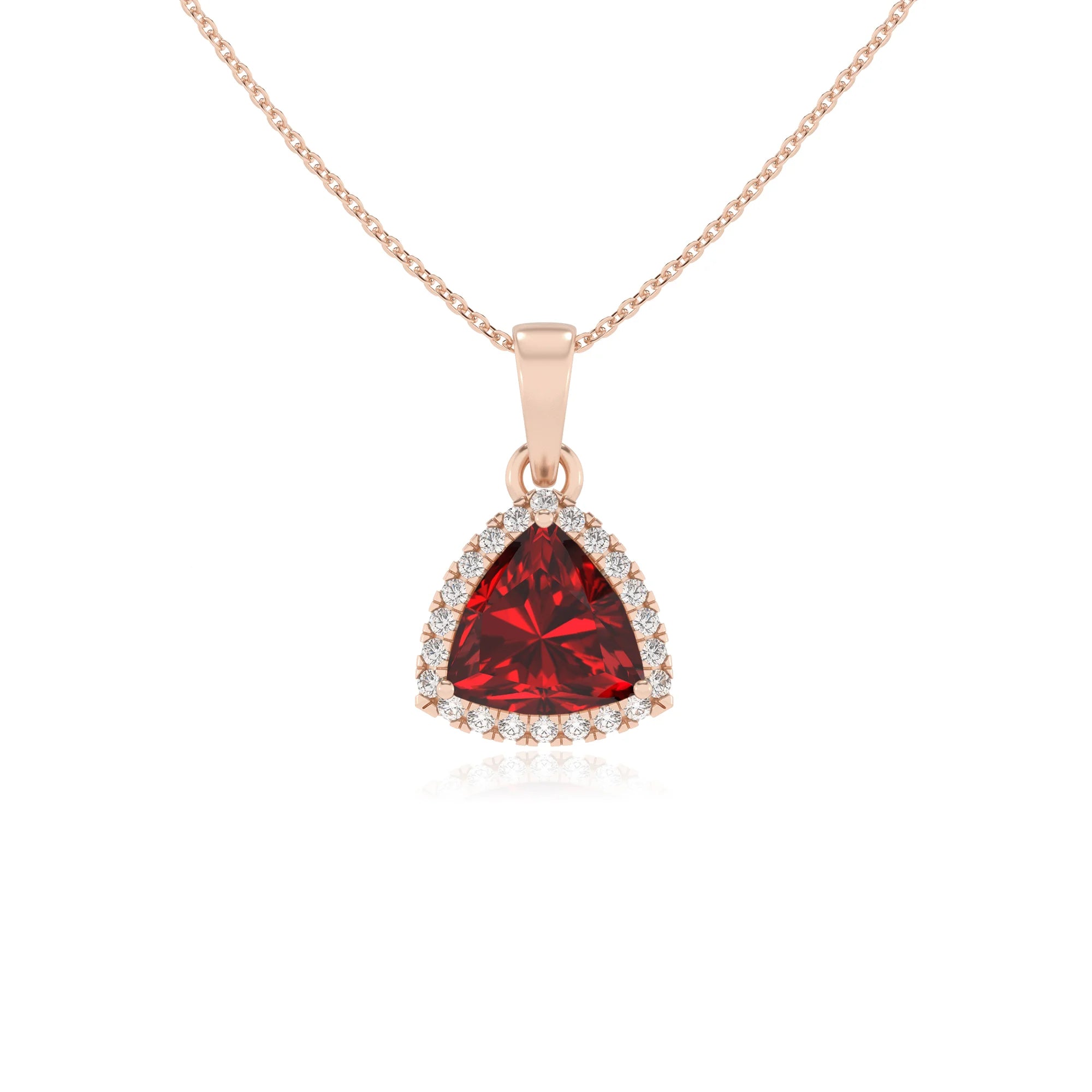 lab grown ruby trillion solitaire necklaces in rose gold
