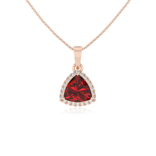 lab grown ruby trillion solitaire necklaces in rose gold