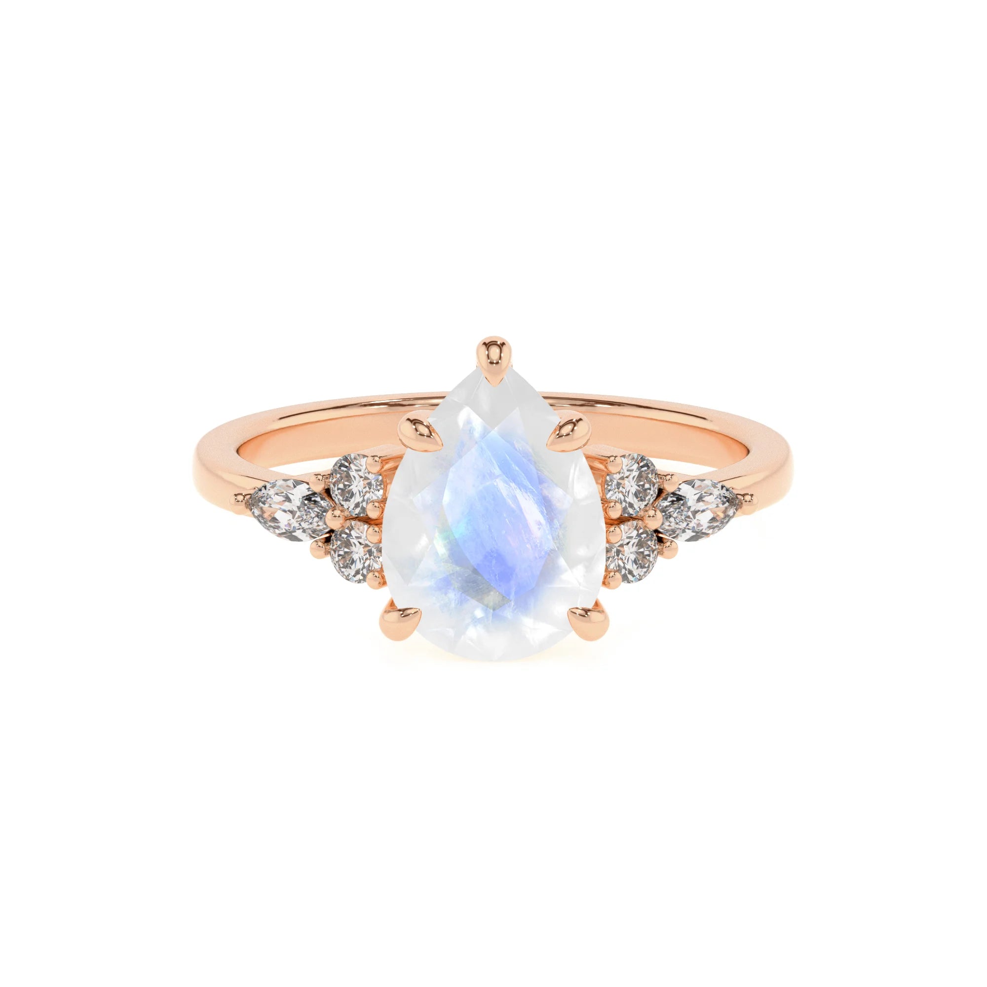 natural rainbow-moonstone pear solitaire rings in rose gold