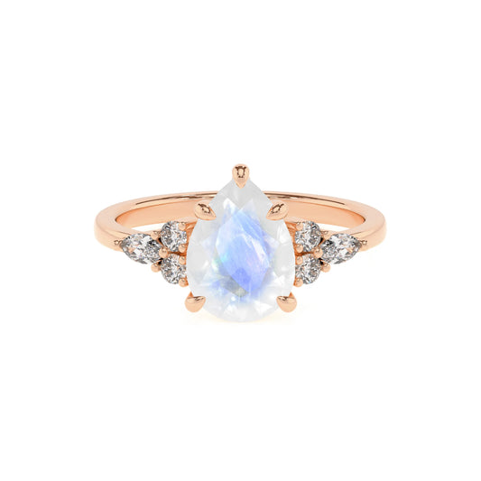 natural rainbow-moonstone pear solitaire rings in rose gold