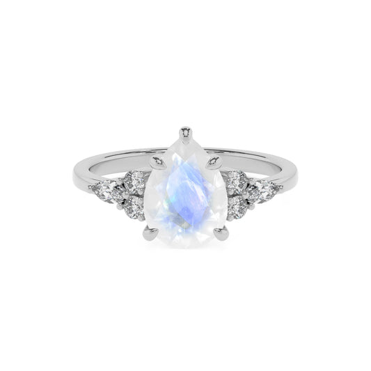natural rainbow-moonstone pear solitaire rings in platinum