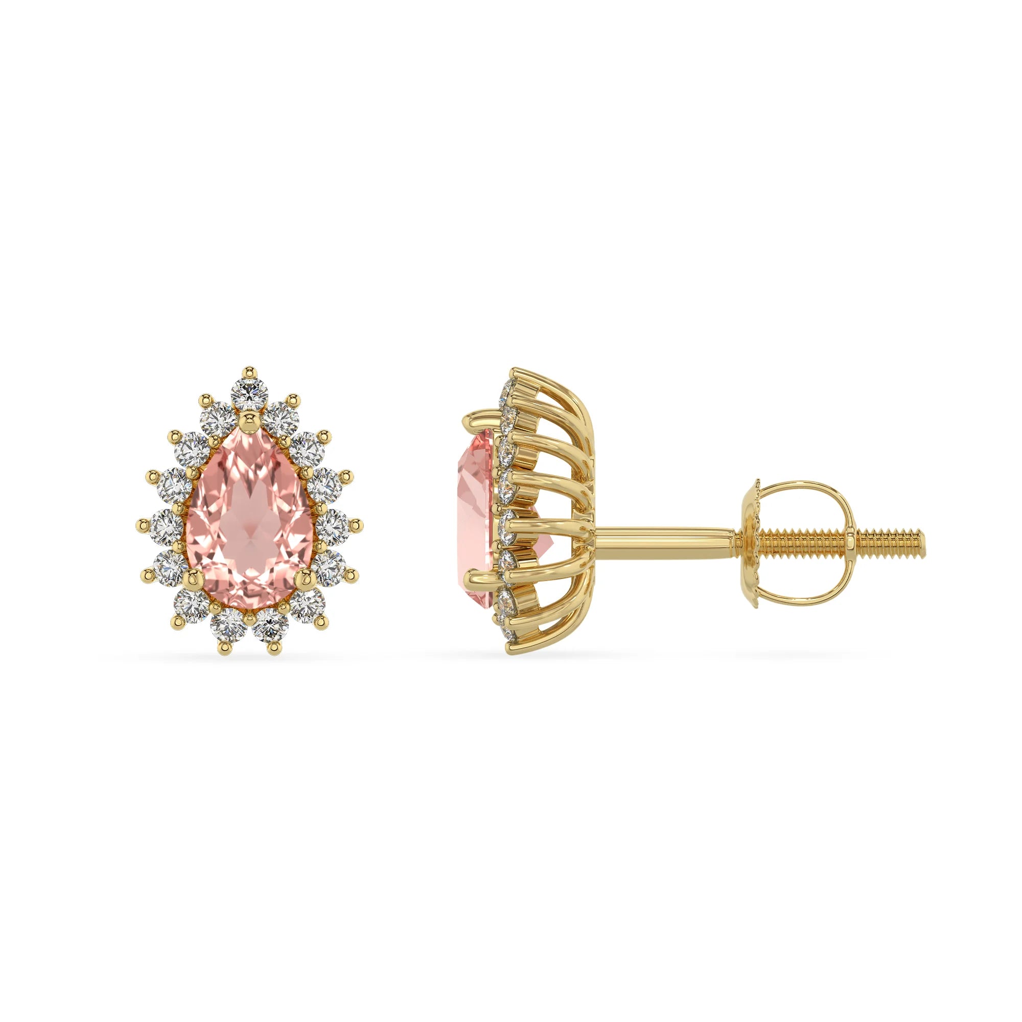 lab grown morganite pear stud earrings in yellow gold