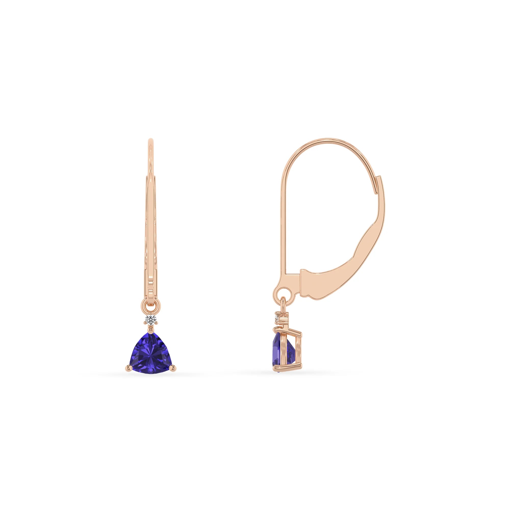 lab grown tanzanite trillion drop earrings in rose gold