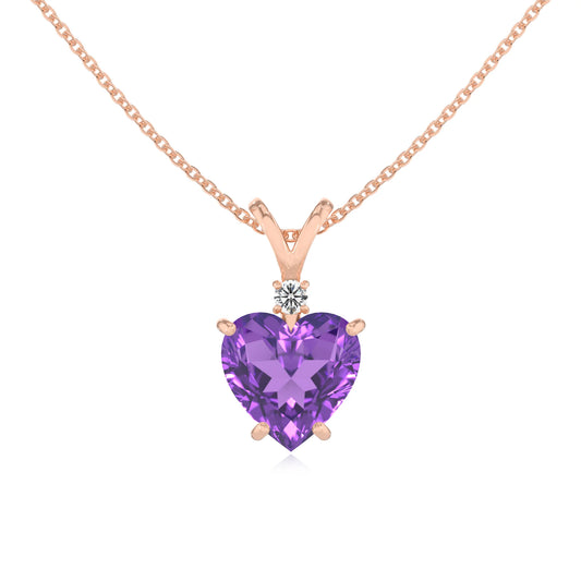 lab grown amethyst heart solitaire v-bale necklaces in rose gold