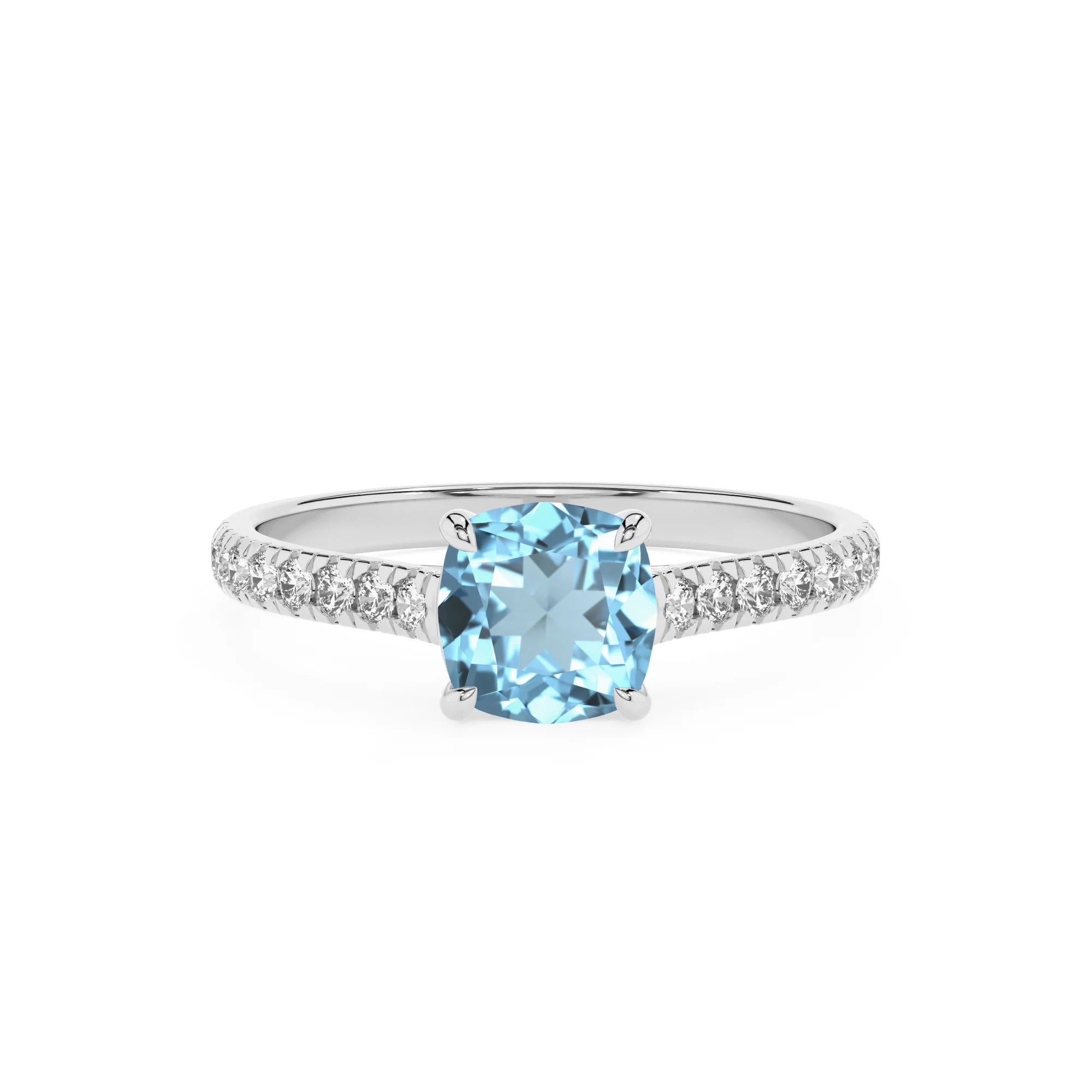 lab grown aquamarine cushion half eternity solitaire engagement rings in platinum
