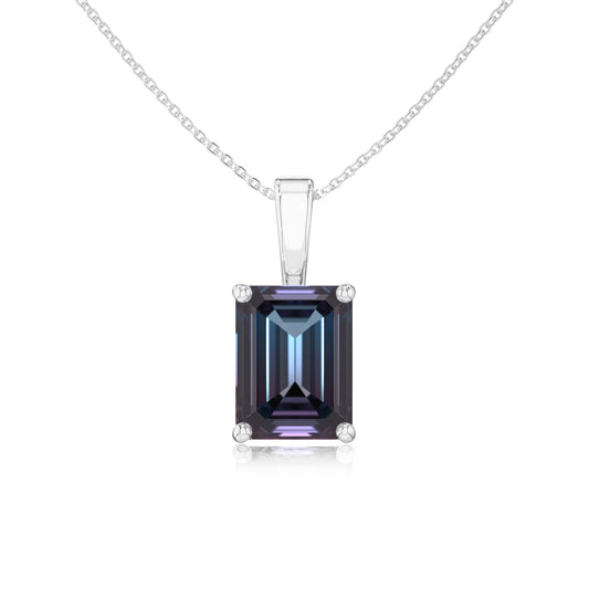 lab grown alexandrite emerald cut solitaire necklaces in white gold