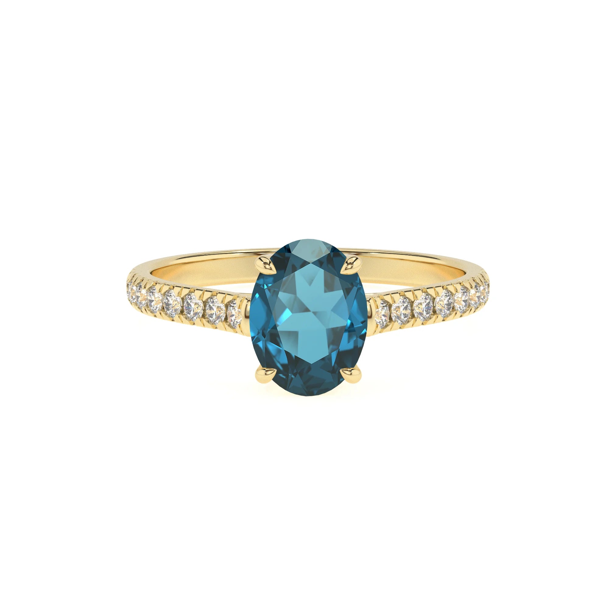 natural london-blue-topaz oval half eternity solitaire engagement rings in yellow gold