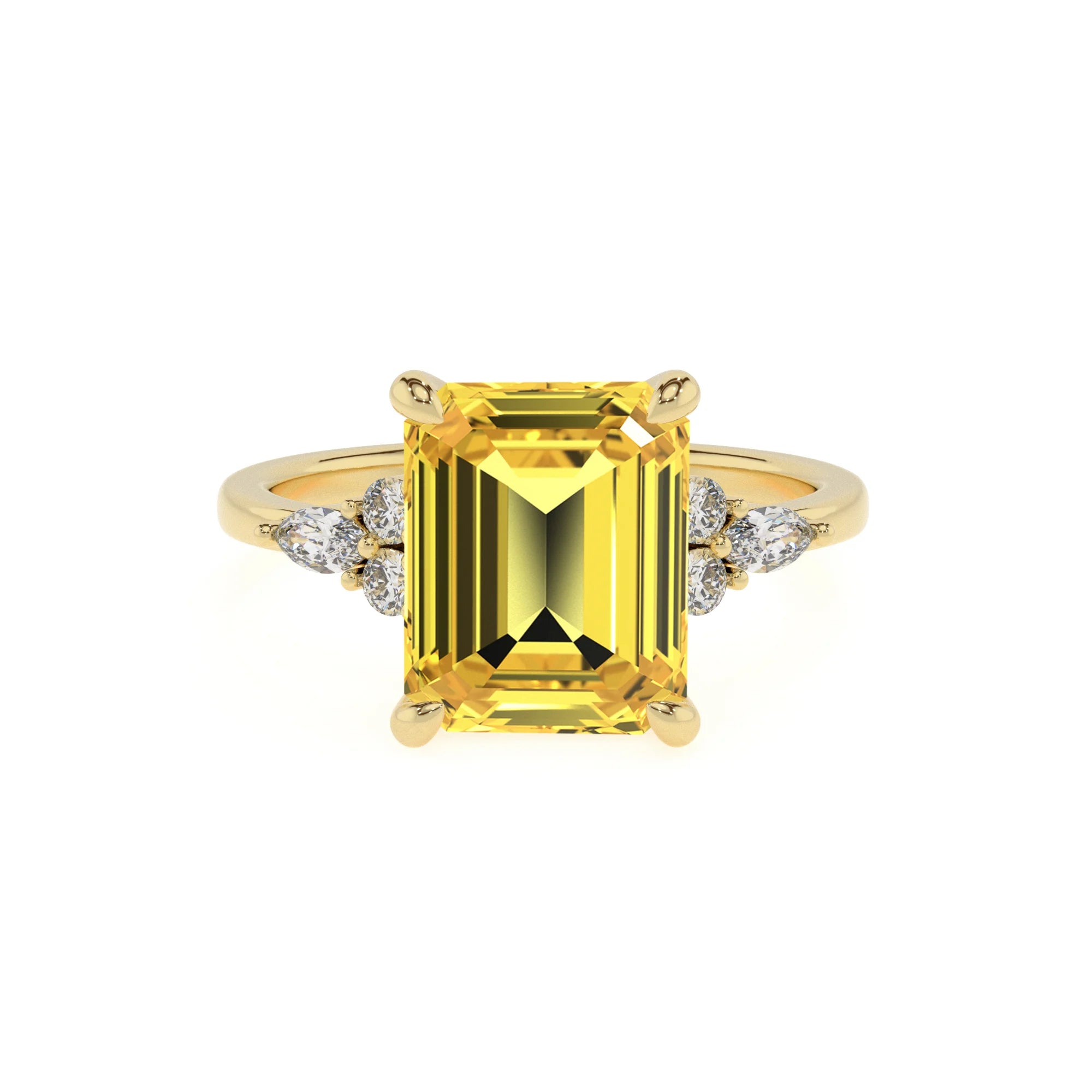 lab grown yellow-sapphire emerald cut solitaire rings in yellow gold