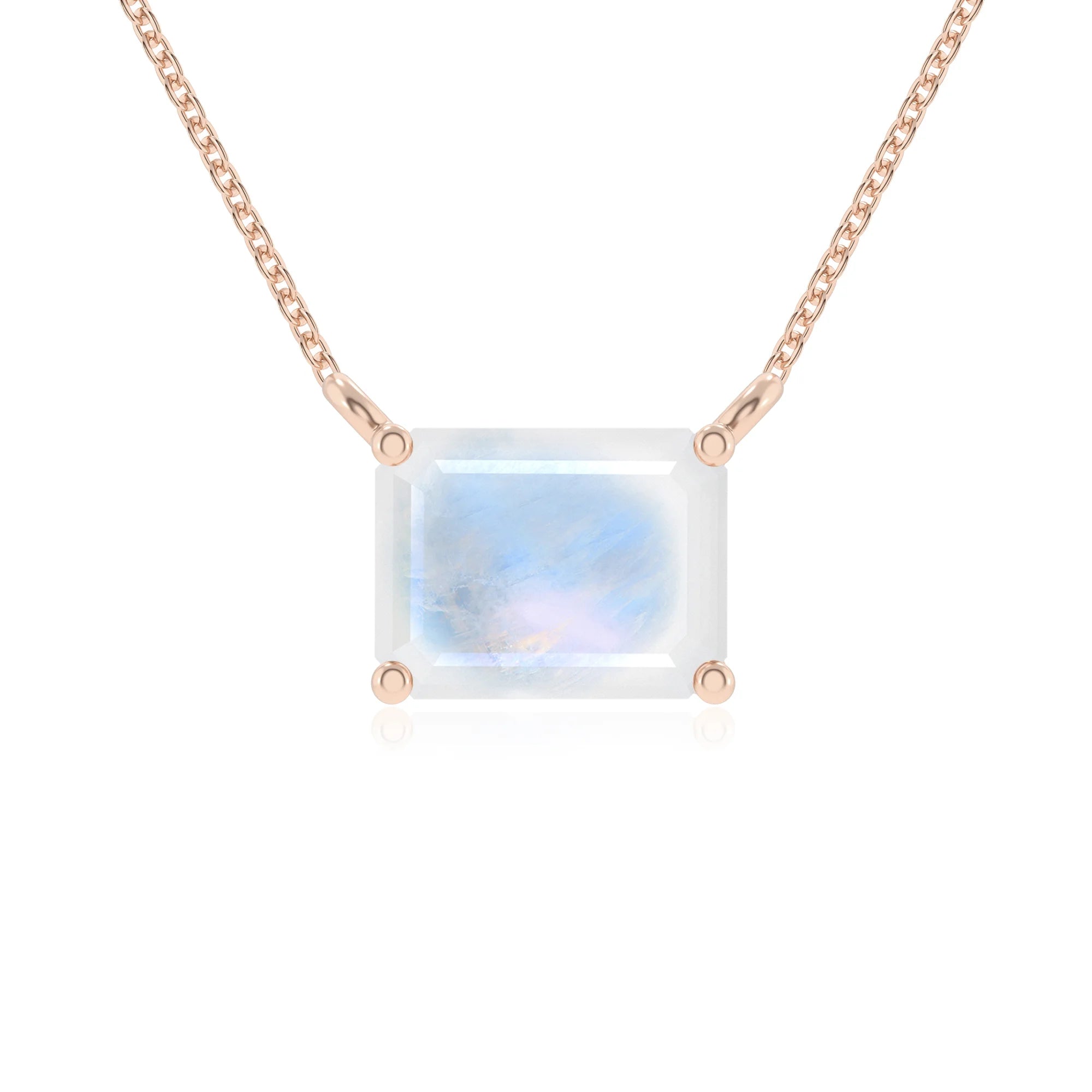 natural rainbow-moonstone emerald cut solitaire necklaces in rose gold