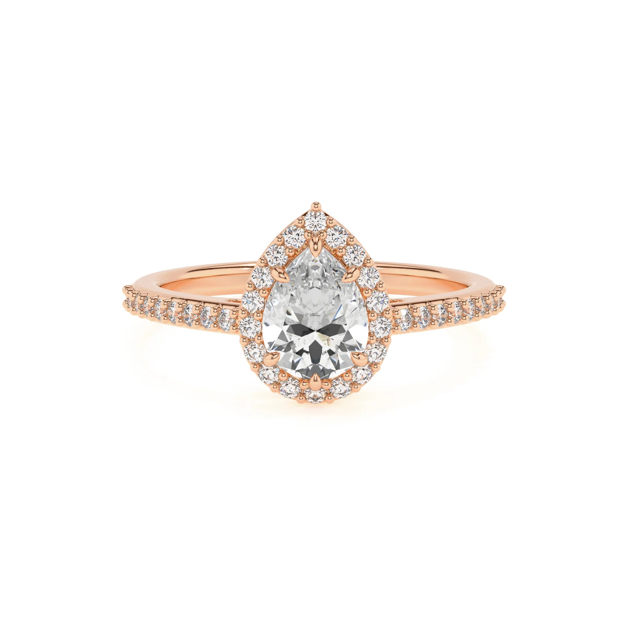 lab grown moissanite pear solitaire rings in rose gold