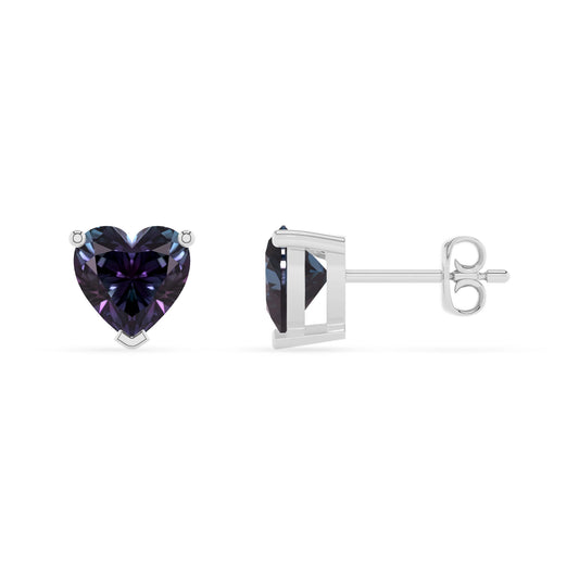 lab grown alexandrite heart stud earrings in white gold