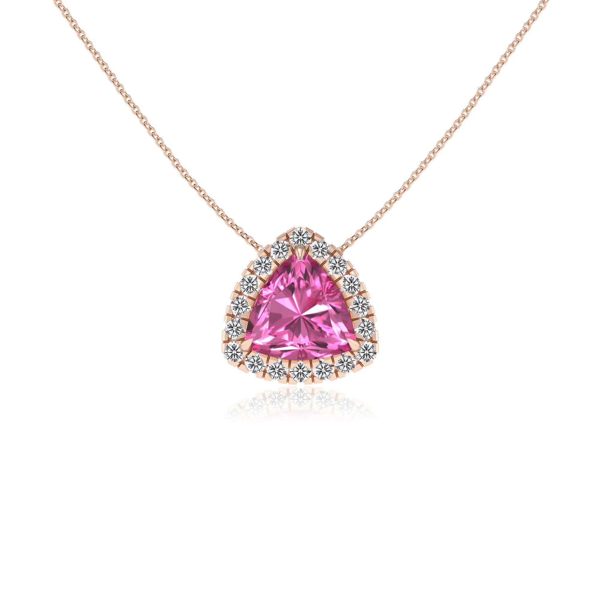 lab grown pink sapphire trillion solitaire necklaces in rose gold