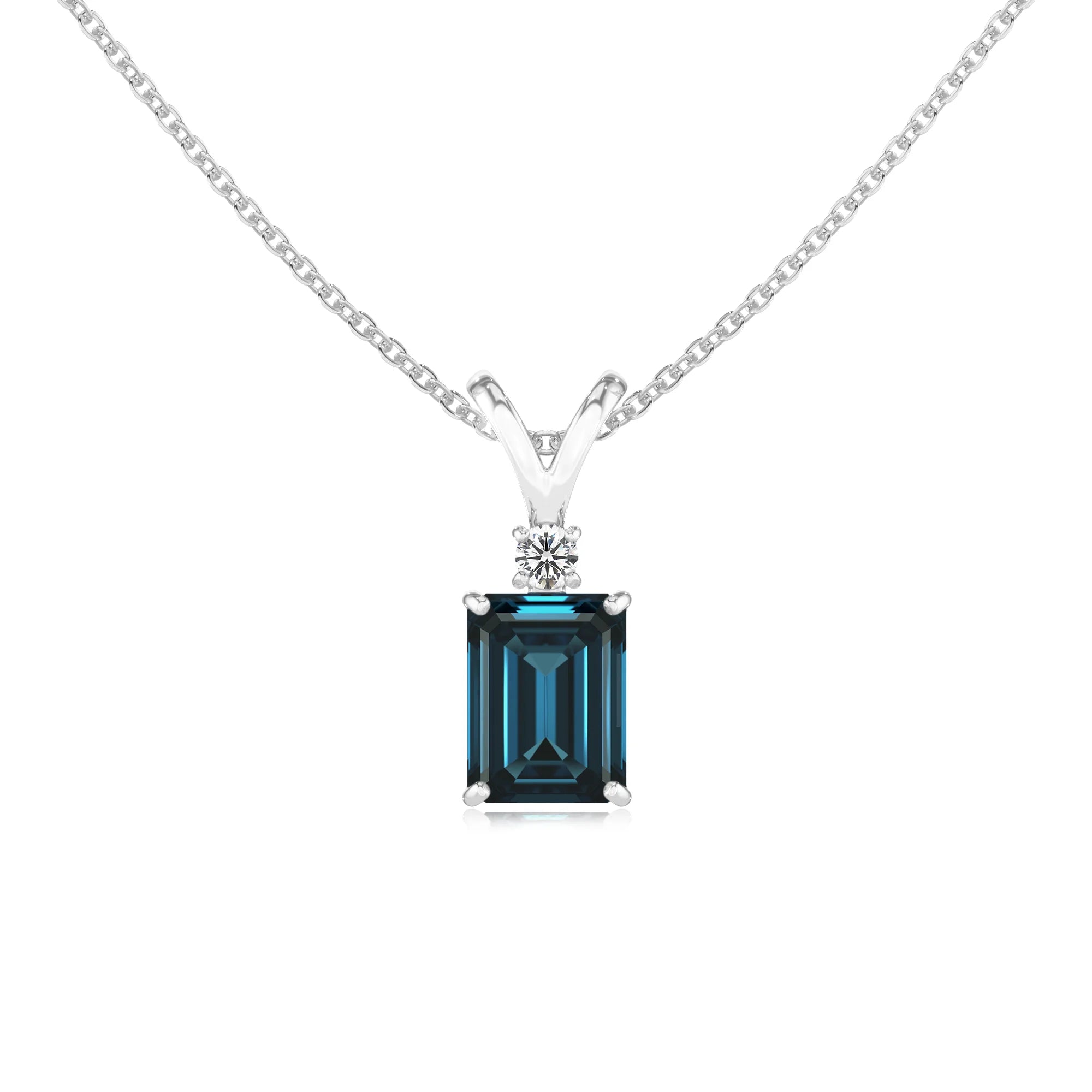 natural london-blue-topaz emerald cut solitaire v-bale necklaces in white gold