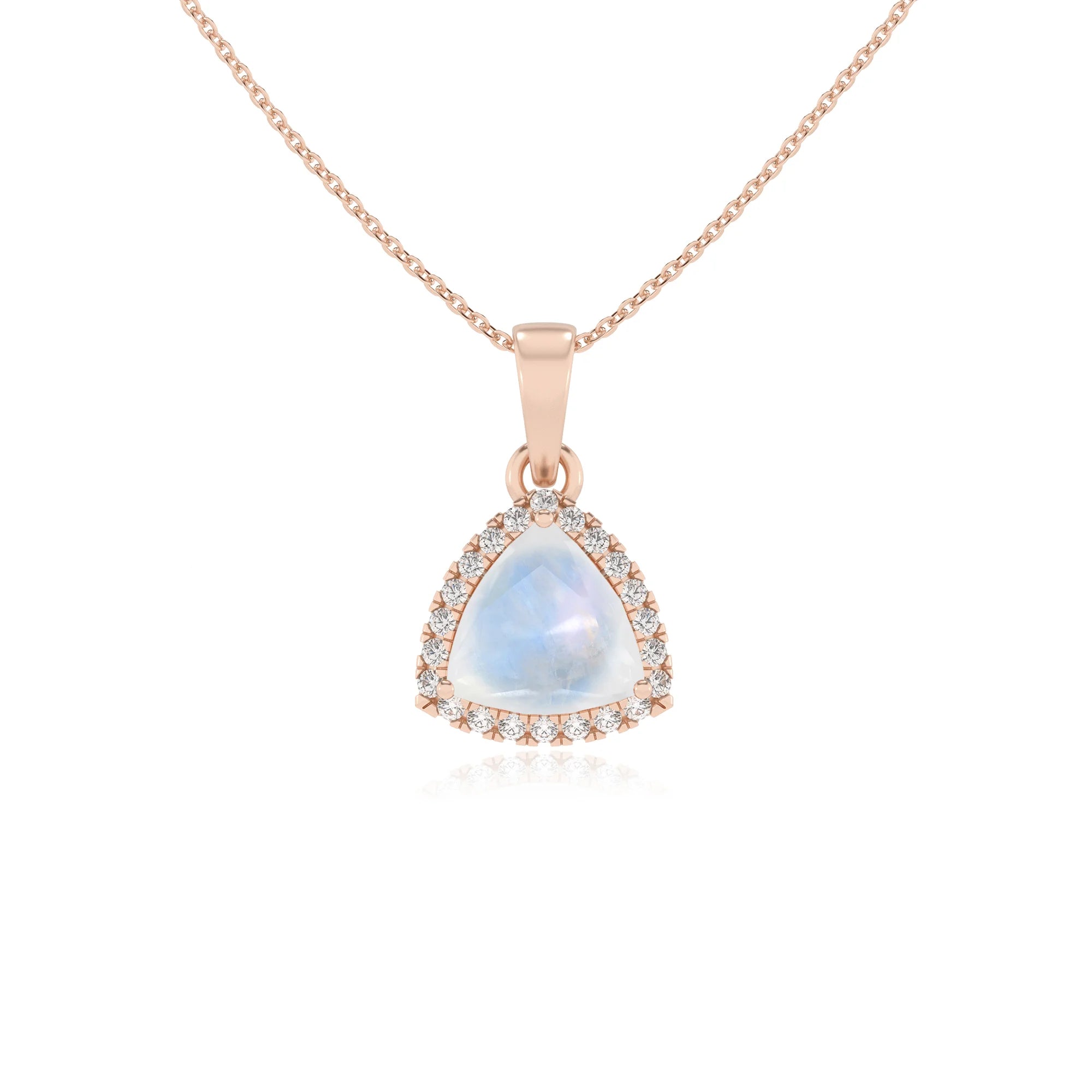 natural rainbow-moonstone trillion solitaire necklaces in rose gold