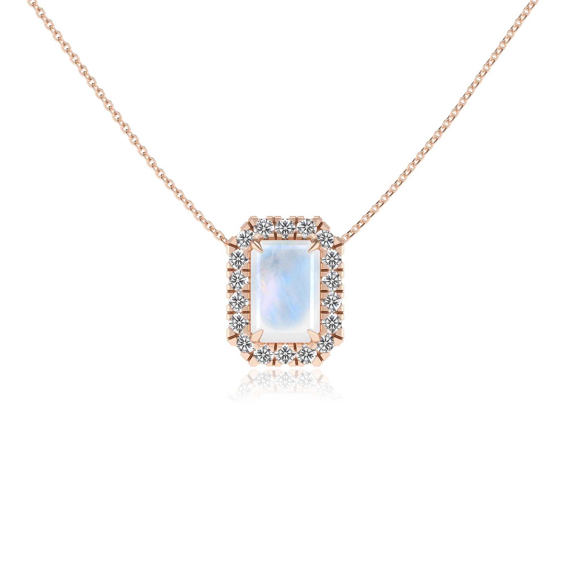 natural rainbow moonstone emerald cut solitaire necklaces in rose gold