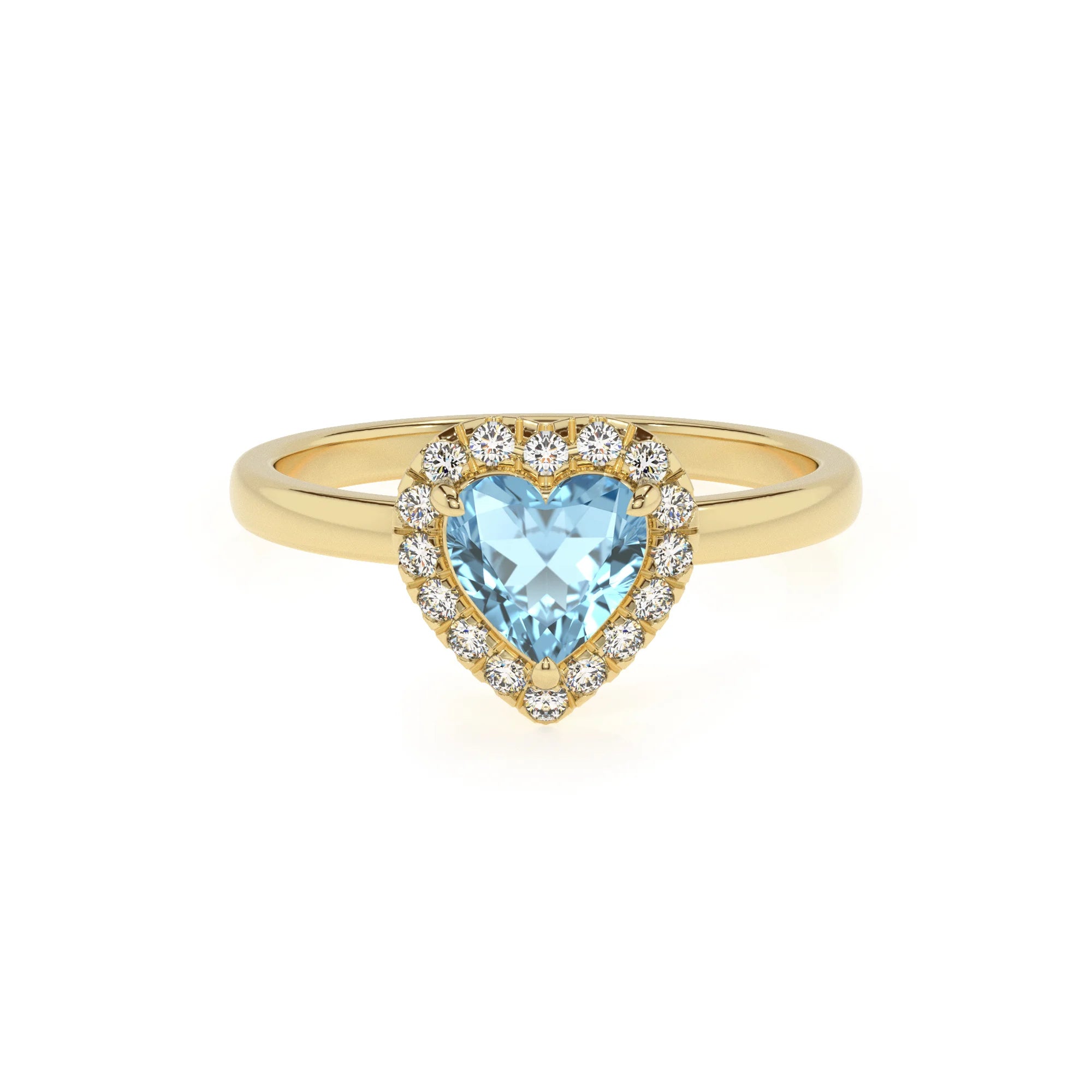 lab grown aquamarine heart solitaire rings in yellow gold