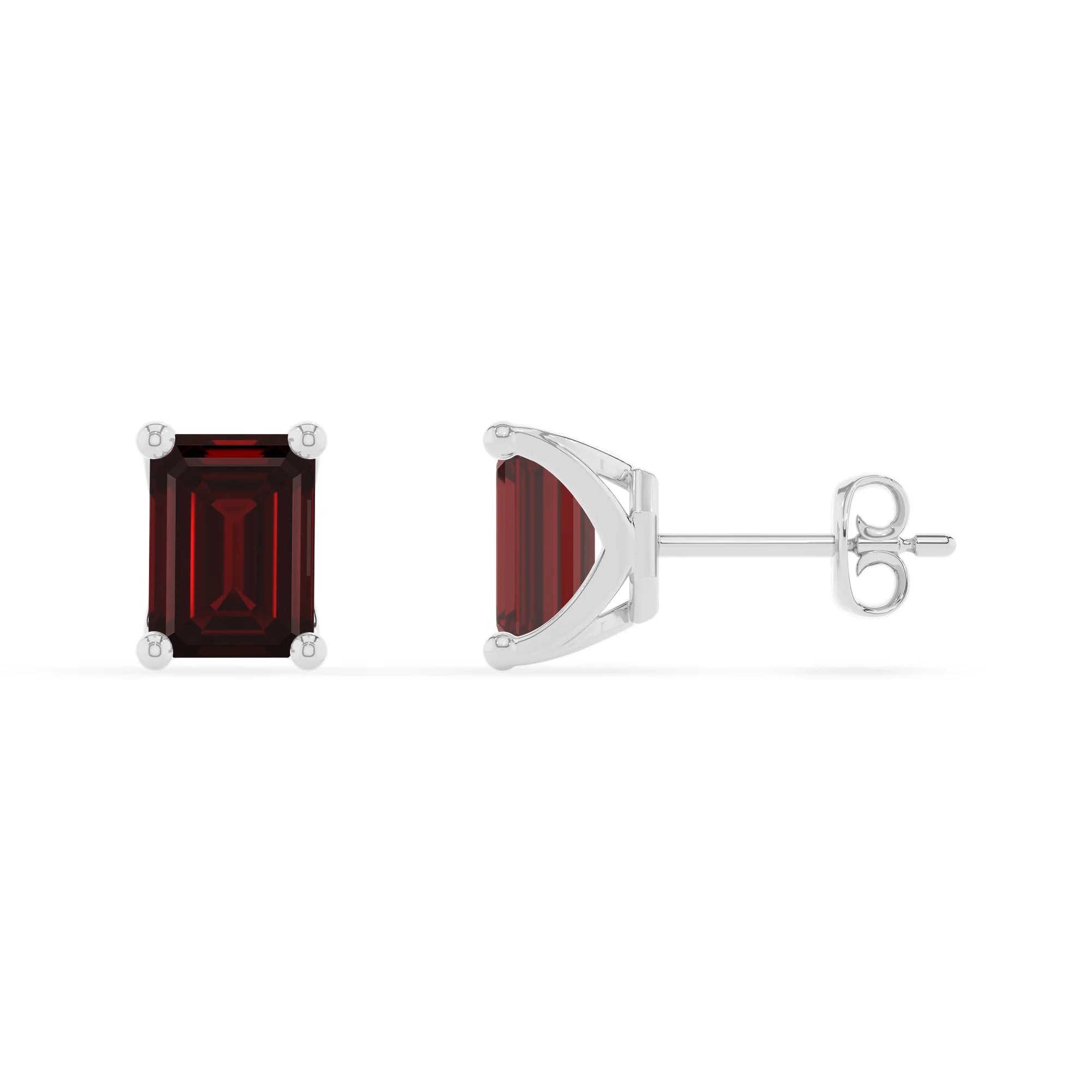 natural garnet emerald cut stud earrings in white gold