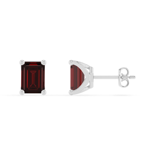 natural garnet emerald cut stud earrings in white gold