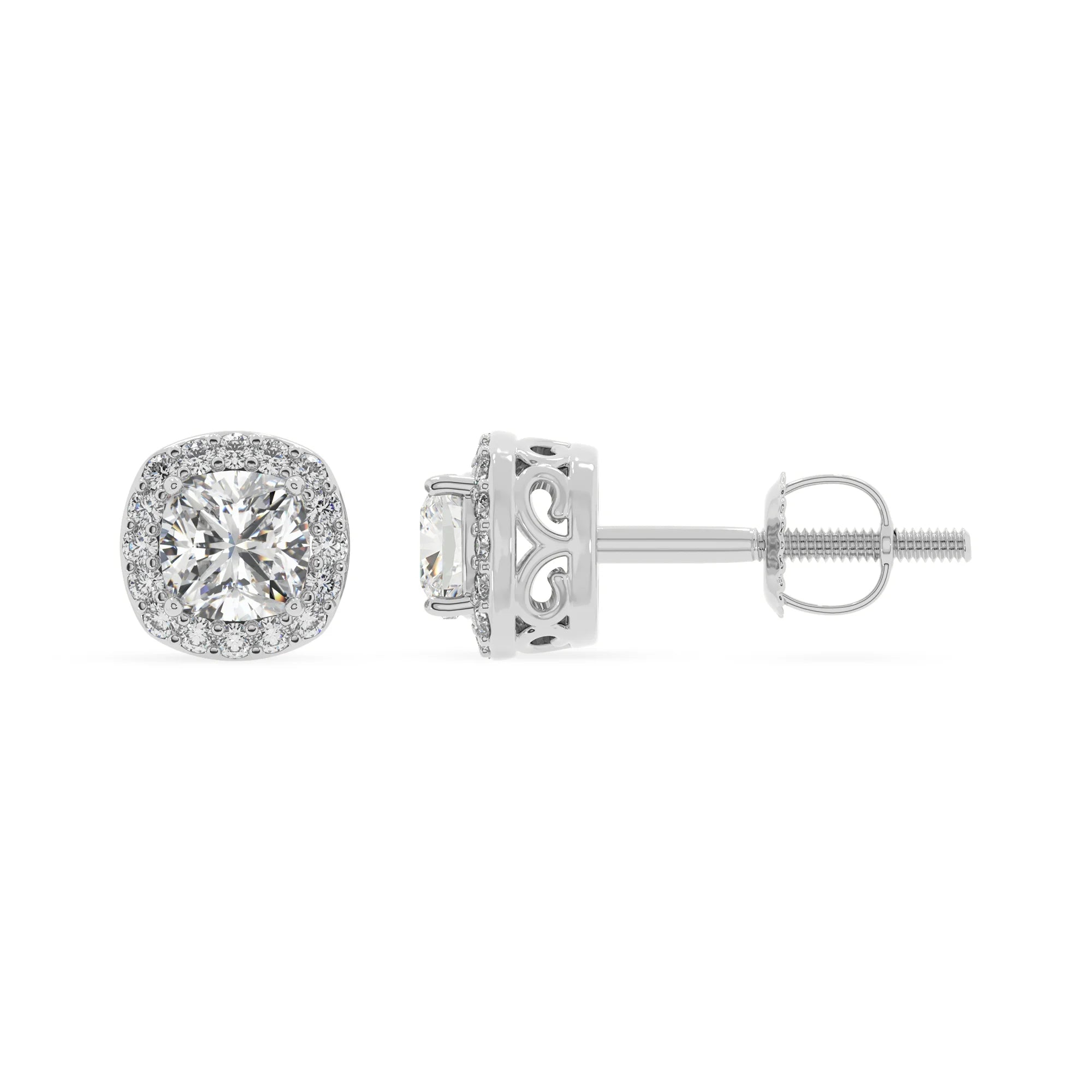 lab grown moissanite cushion stud earrings in white gold
