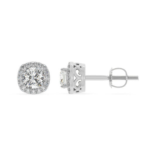 lab grown moissanite cushion stud earrings in white gold