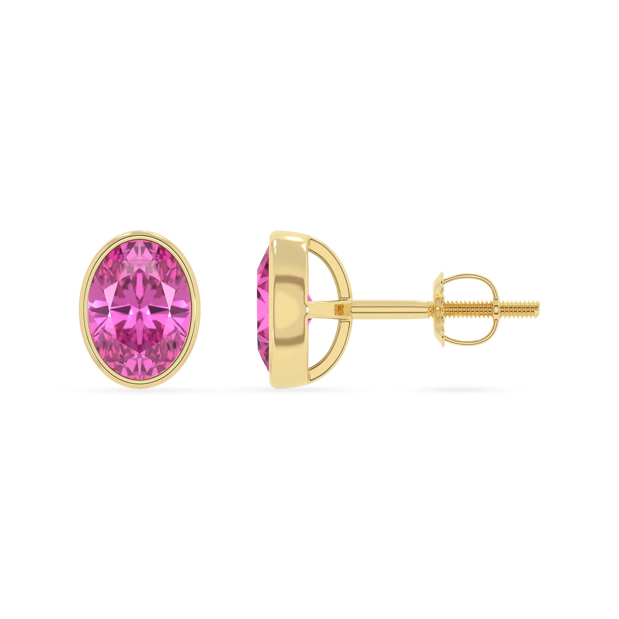 lab grown pink sapphire oval stud earrings in yellow gold