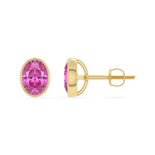 lab grown pink sapphire oval stud earrings in yellow gold