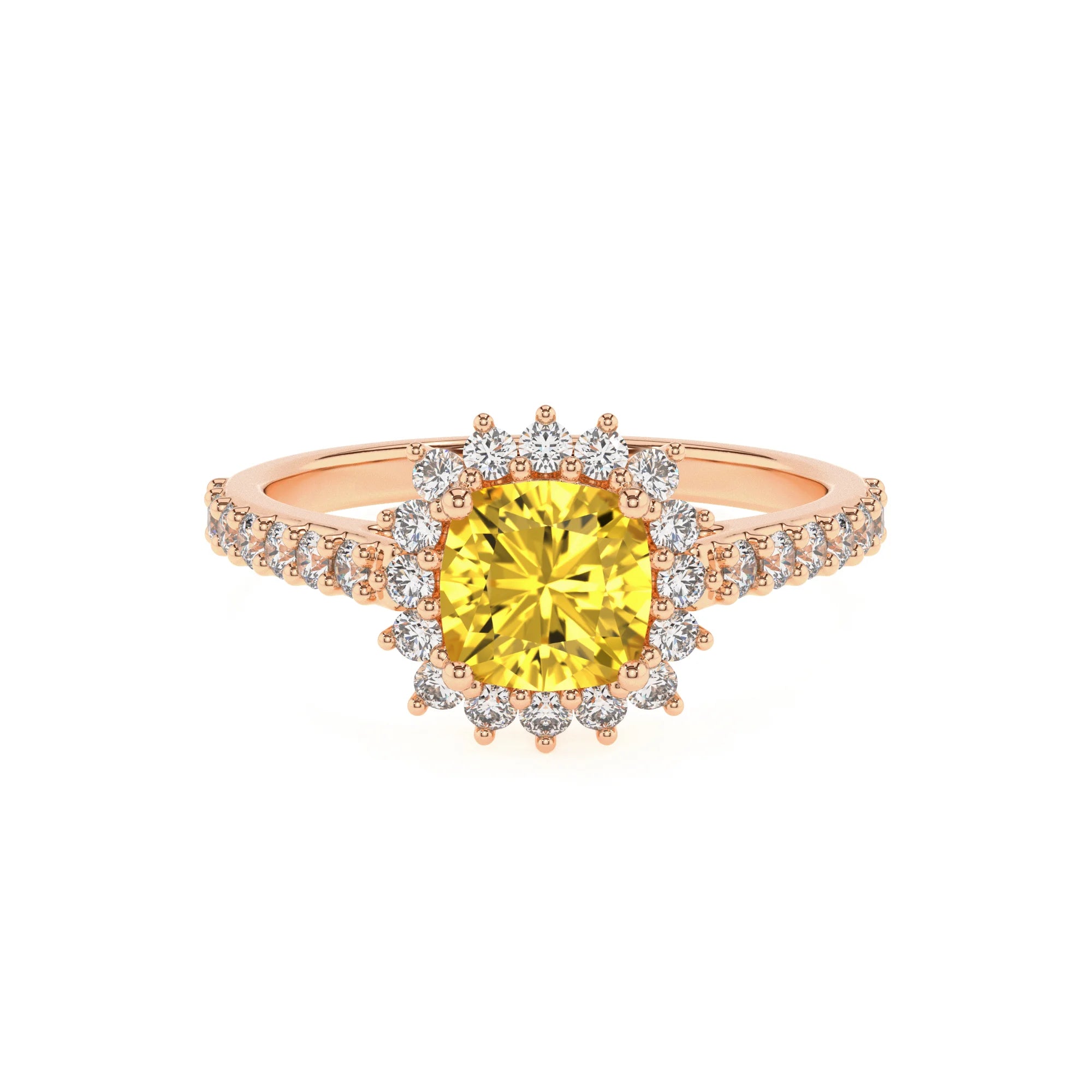 lab grown yellow-sapphire cushion solitaire rings in rose gold