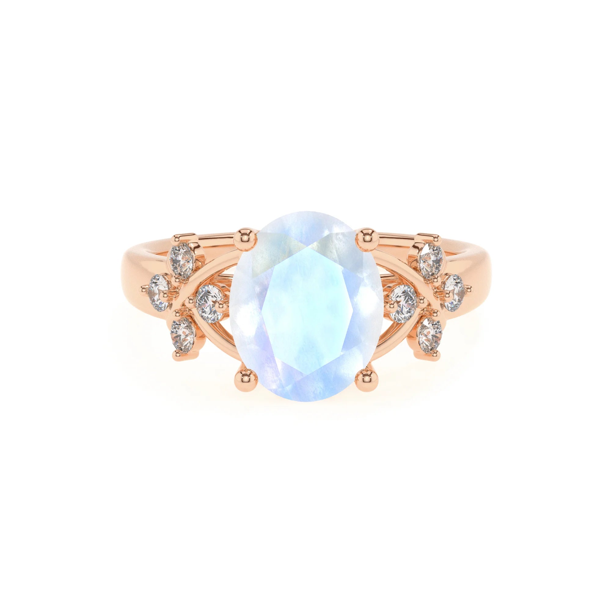 natural rainbow-moonstone oval solitaire rings in rose gold