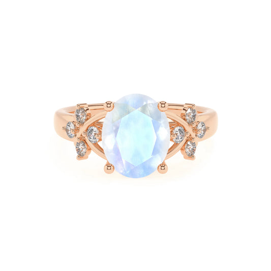 natural rainbow-moonstone oval solitaire rings in rose gold