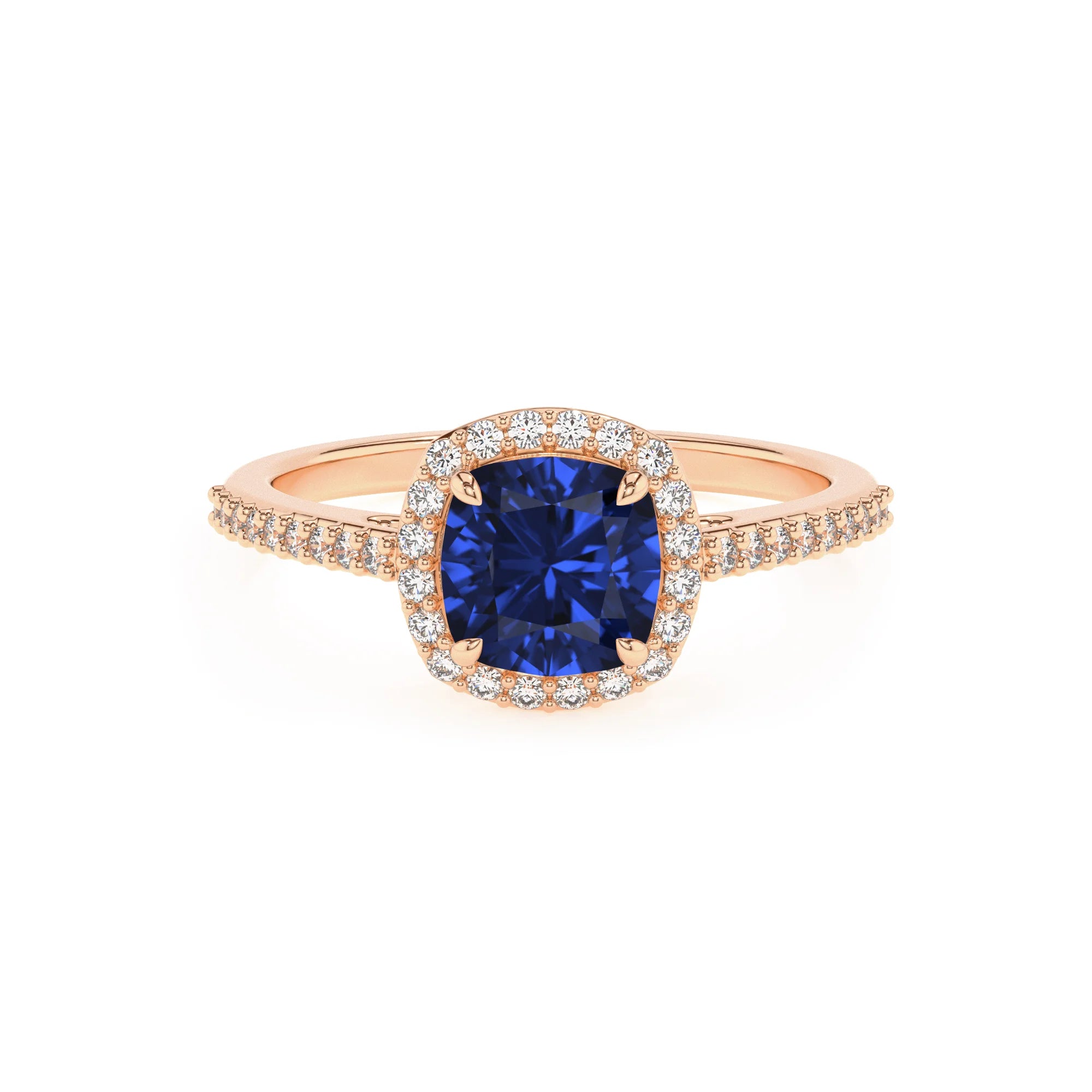 lab grown blue-sapphire cushion solitaire rings in rose gold