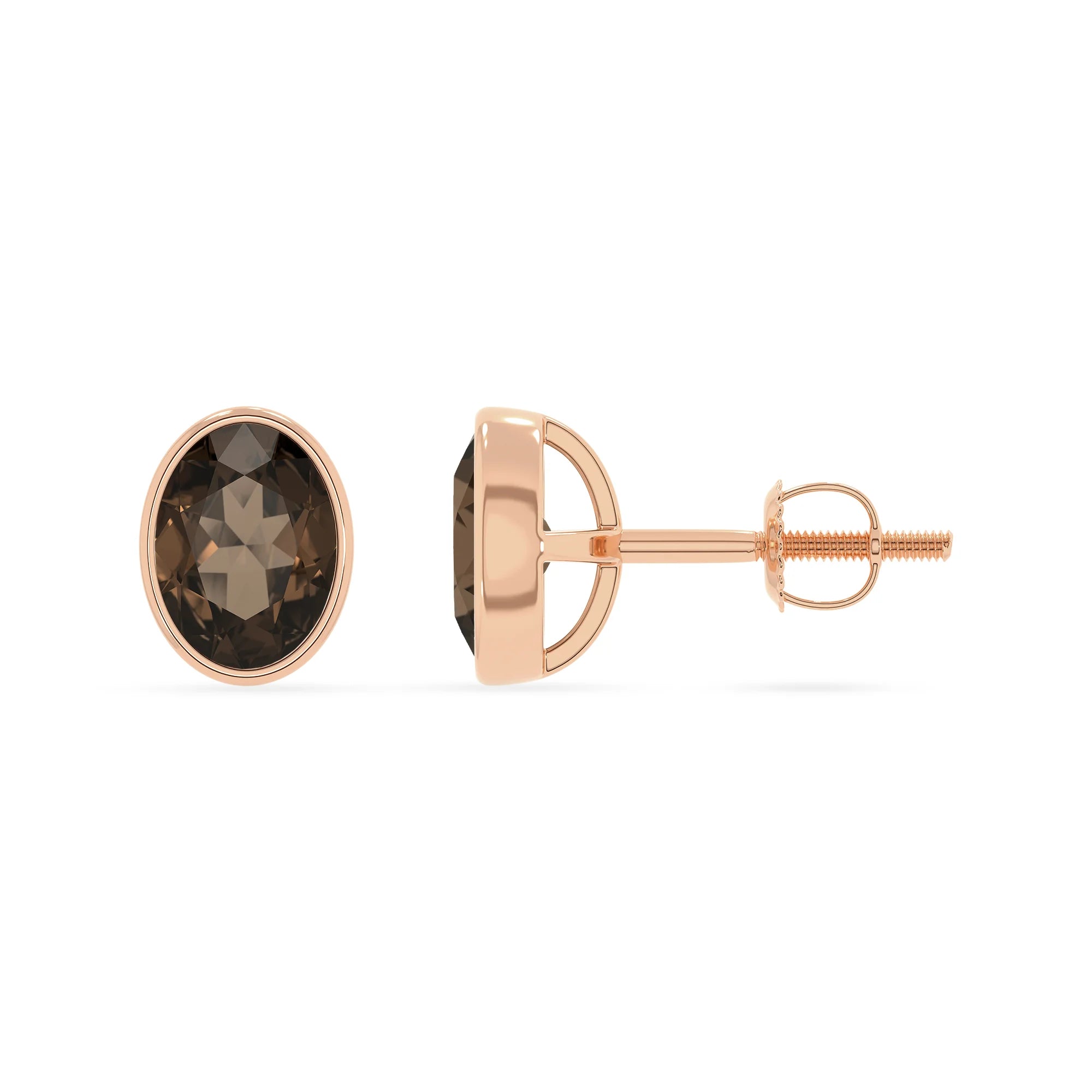 natural smoky quartz oval stud earrings in rose gold
