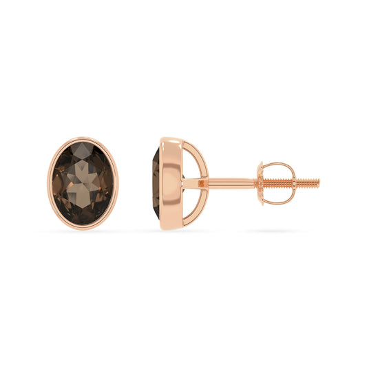 natural smoky quartz oval stud earrings in rose gold