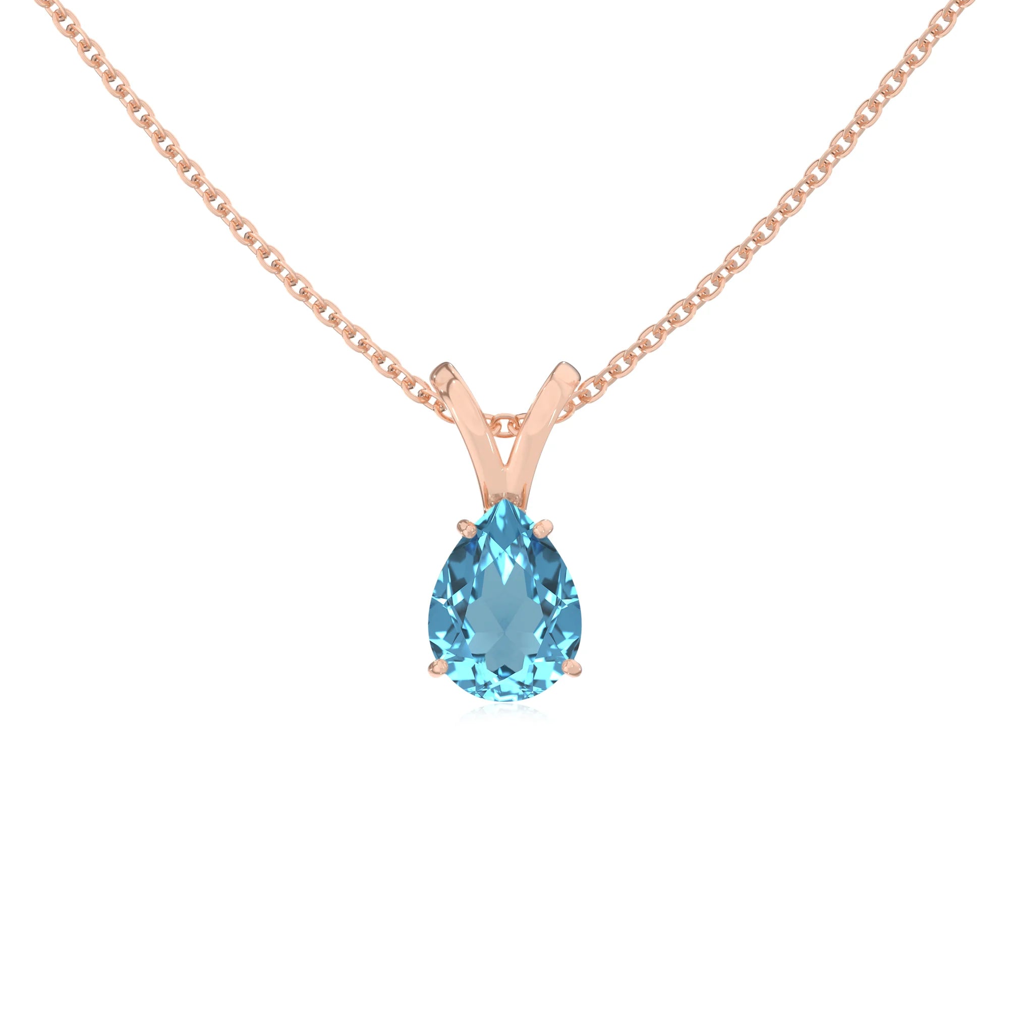 natural swiss-blue-topaz pear solitaire v-bale necklaces in rose gold