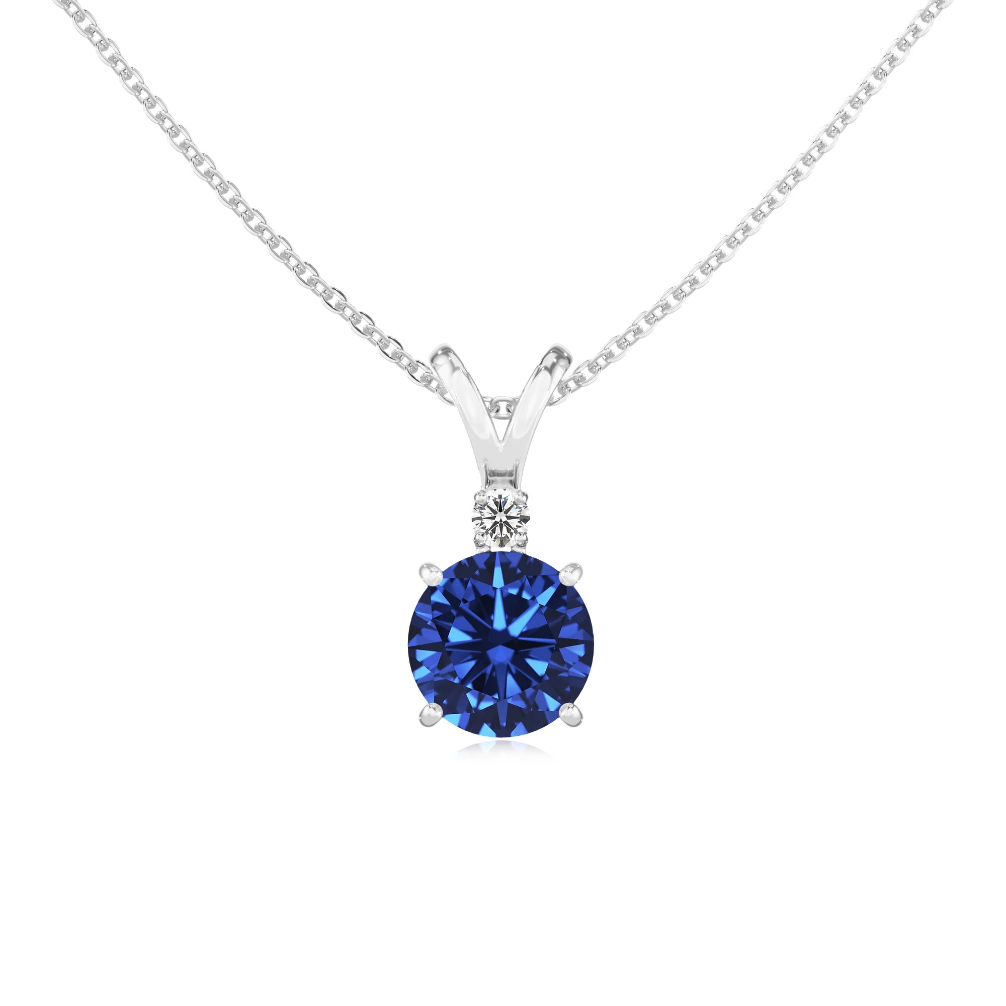 lab grown blue-sapphire round solitaire v-bale necklaces in white gold