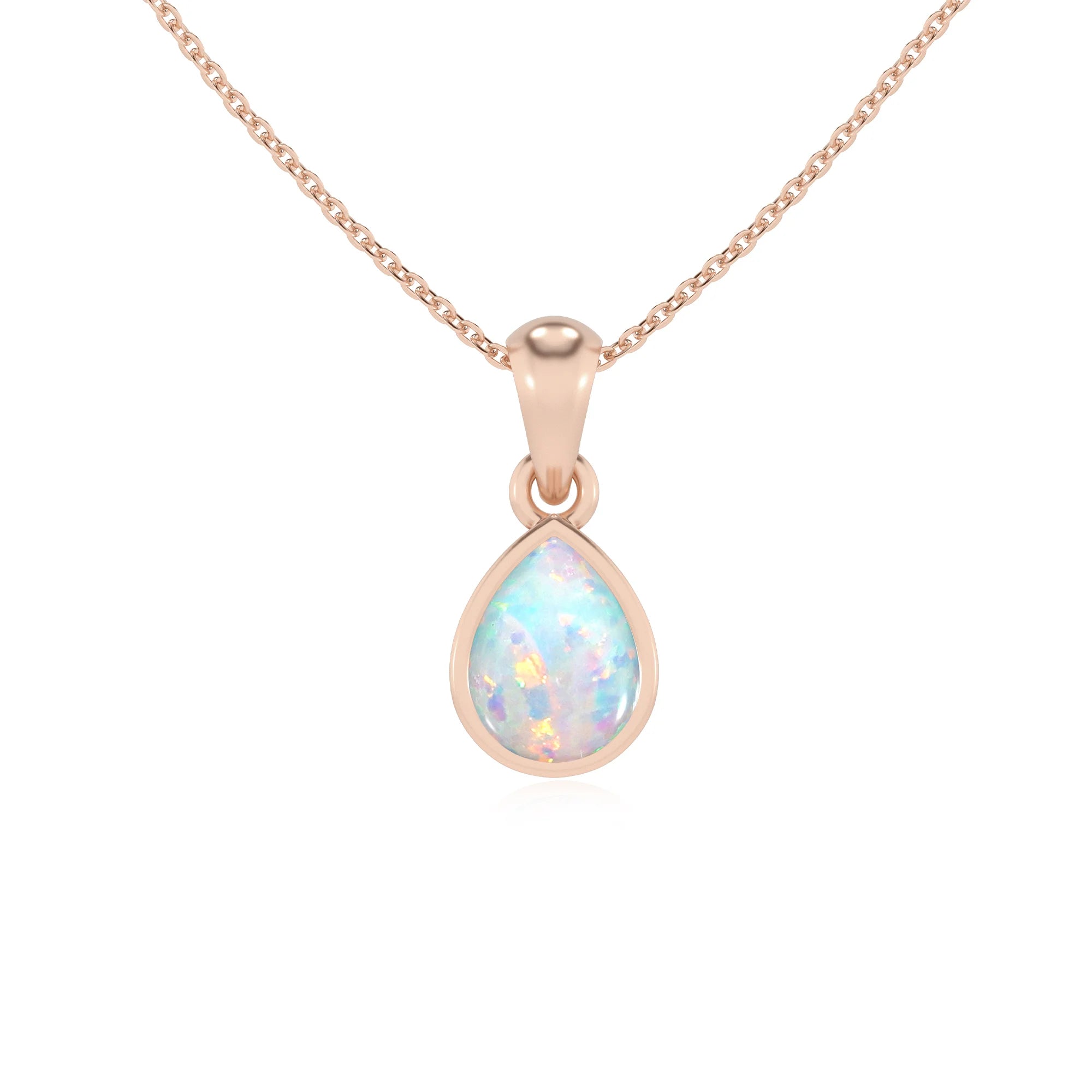 lab grown opal pear solitaire necklaces in rose gold